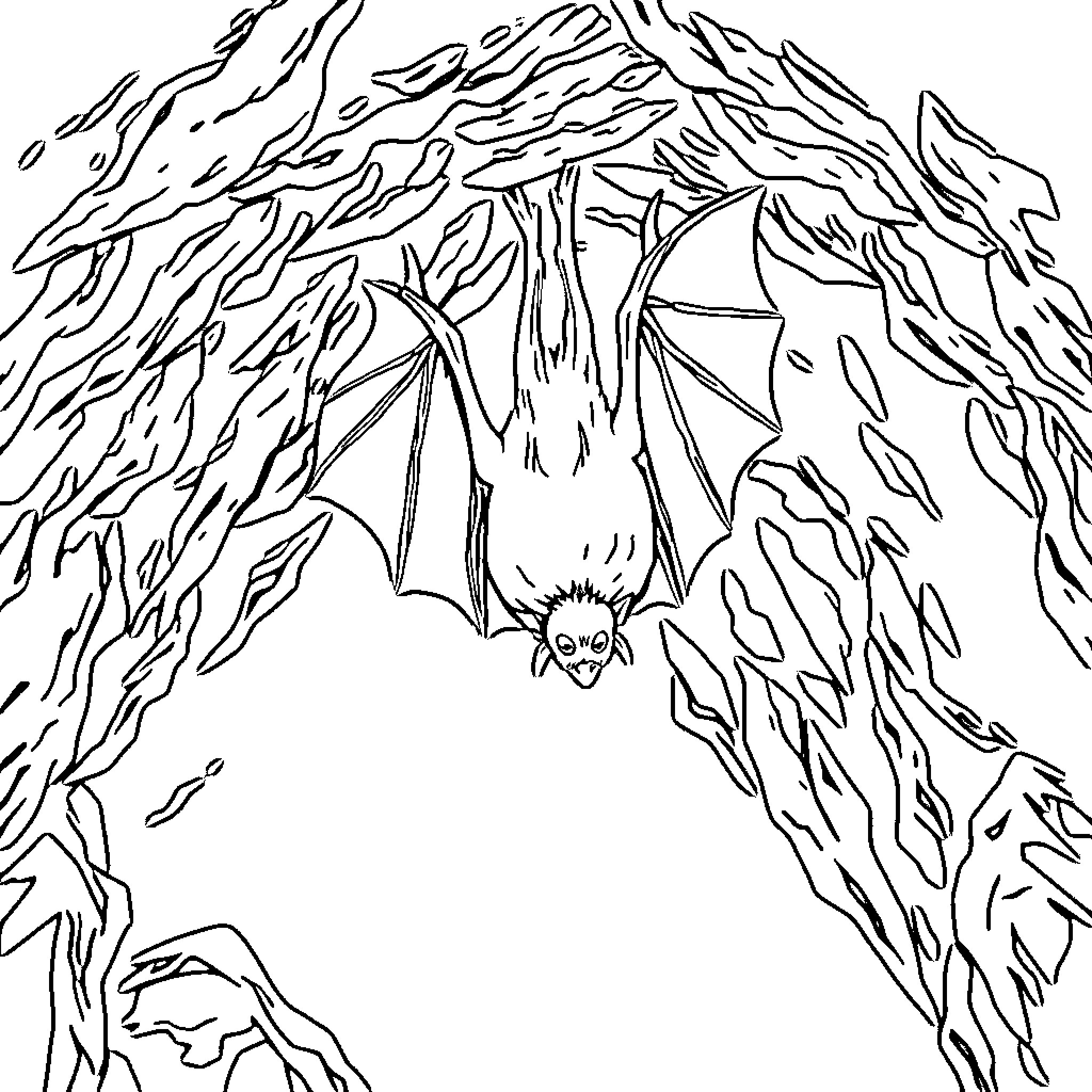Bat hanging in a dark forest Coloring Page (free black-and-white line drawing printable PDF for all, from beginners to advanced learners, including children, teens, adults, and seniors)
