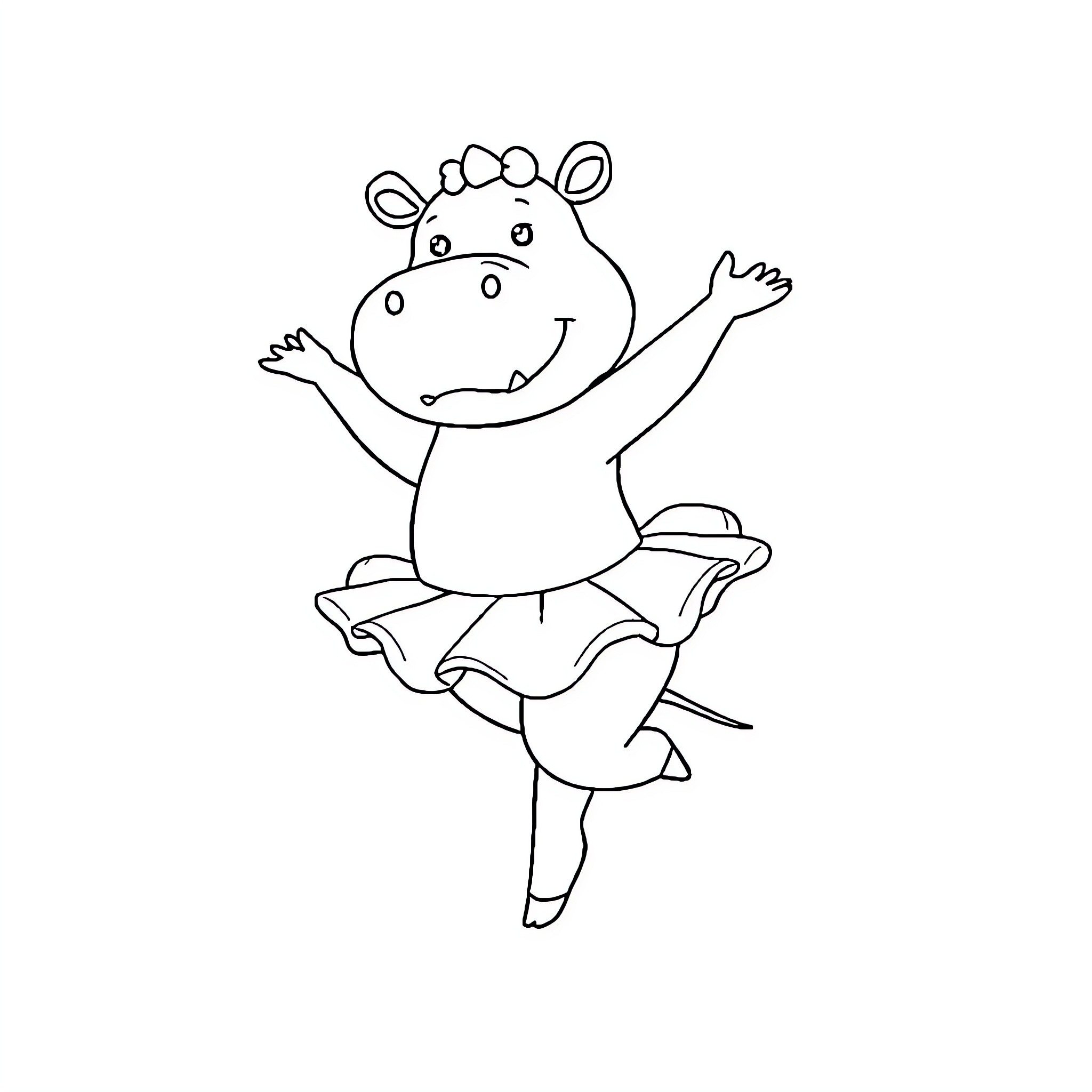 Hippo ballerina dancing happily Coloring Page (free black-and-white line drawing printable PDF for all, from beginners to advanced learners, including children, teens, adults, and seniors)