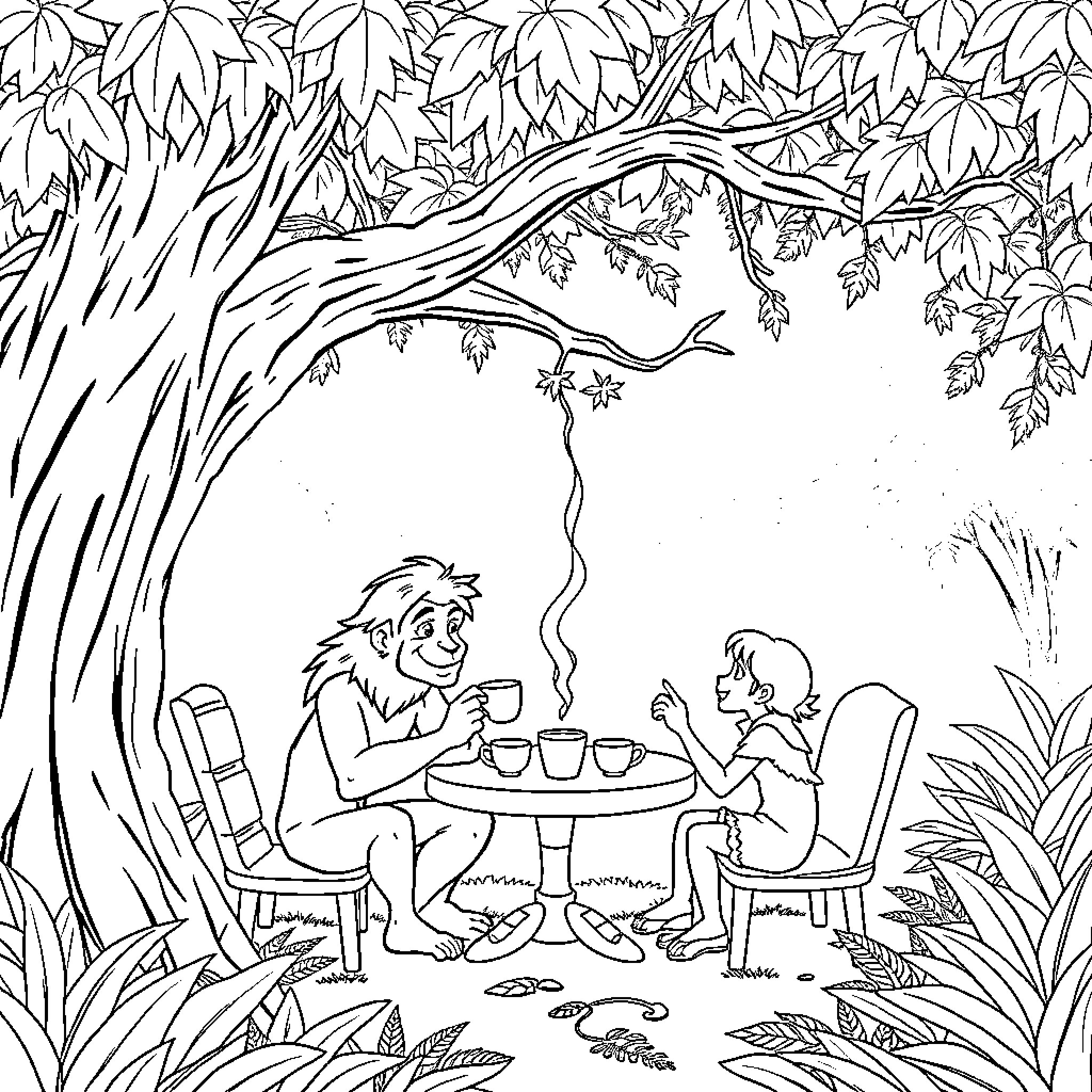 Tarzan enjoying tea time with friend in lush jungle Coloring Page (free black-and-white line drawing printable PDF for all, from beginners to advanced learners, including children, teens, adults, and seniors)