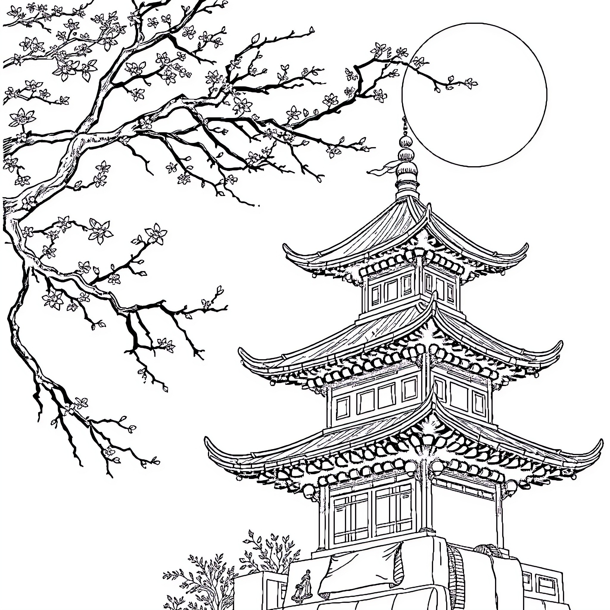 Doraemon exploring a pagoda and cherry blossoms Coloring Page (free black-and-white line drawing printable PDF for all, from beginners to advanced learners, including children, teens, adults, and seniors)