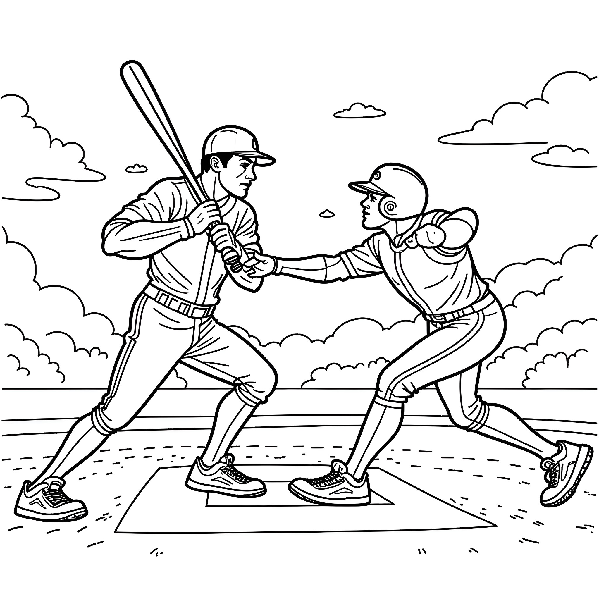 Superheroes battling on the baseball field Coloring Page (free black-and-white line drawing printable PDF for all, from beginners to advanced learners, including children, teens, adults, and seniors)
