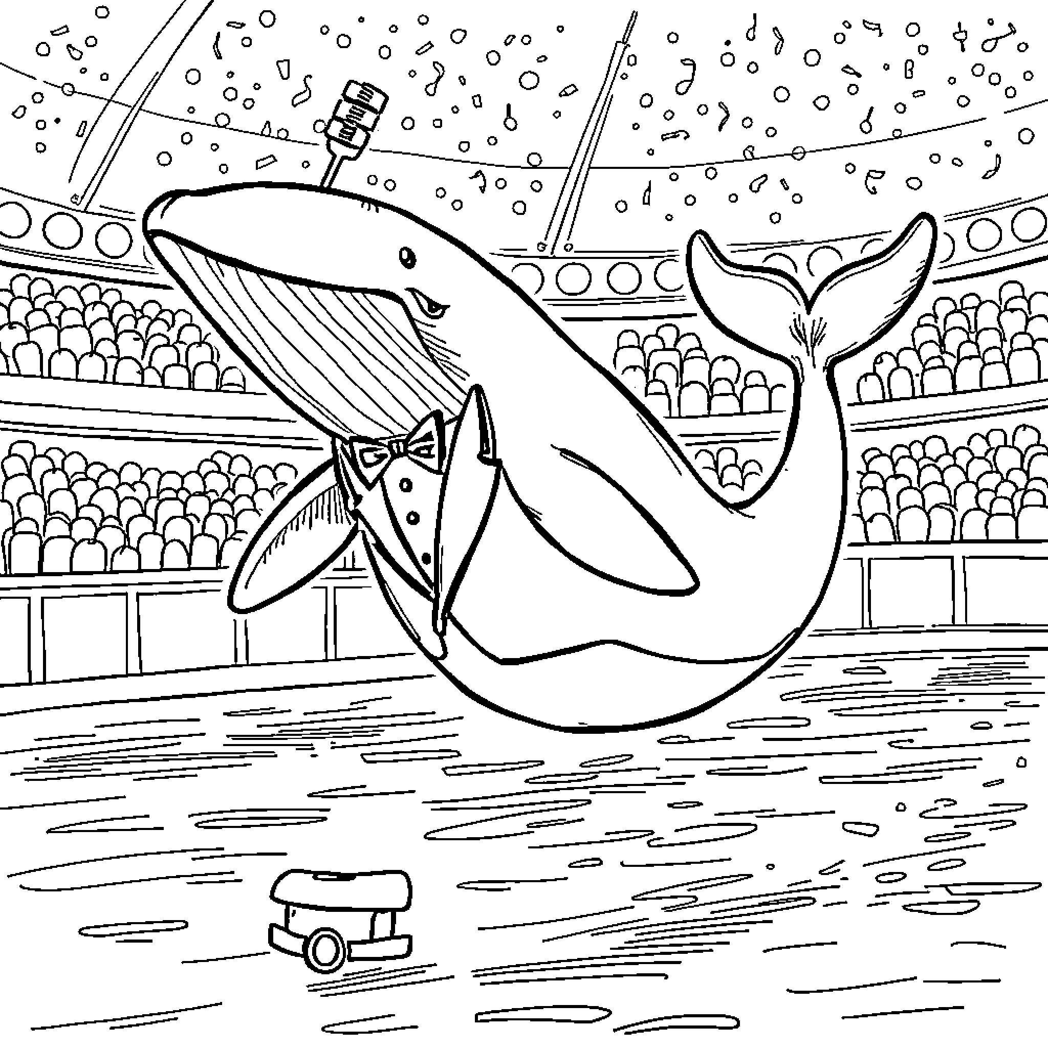 Whale performing in an aquarium Coloring Page (free black-and-white line drawing printable PDF for all, from beginners to advanced learners, including children, teens, adults, and seniors)