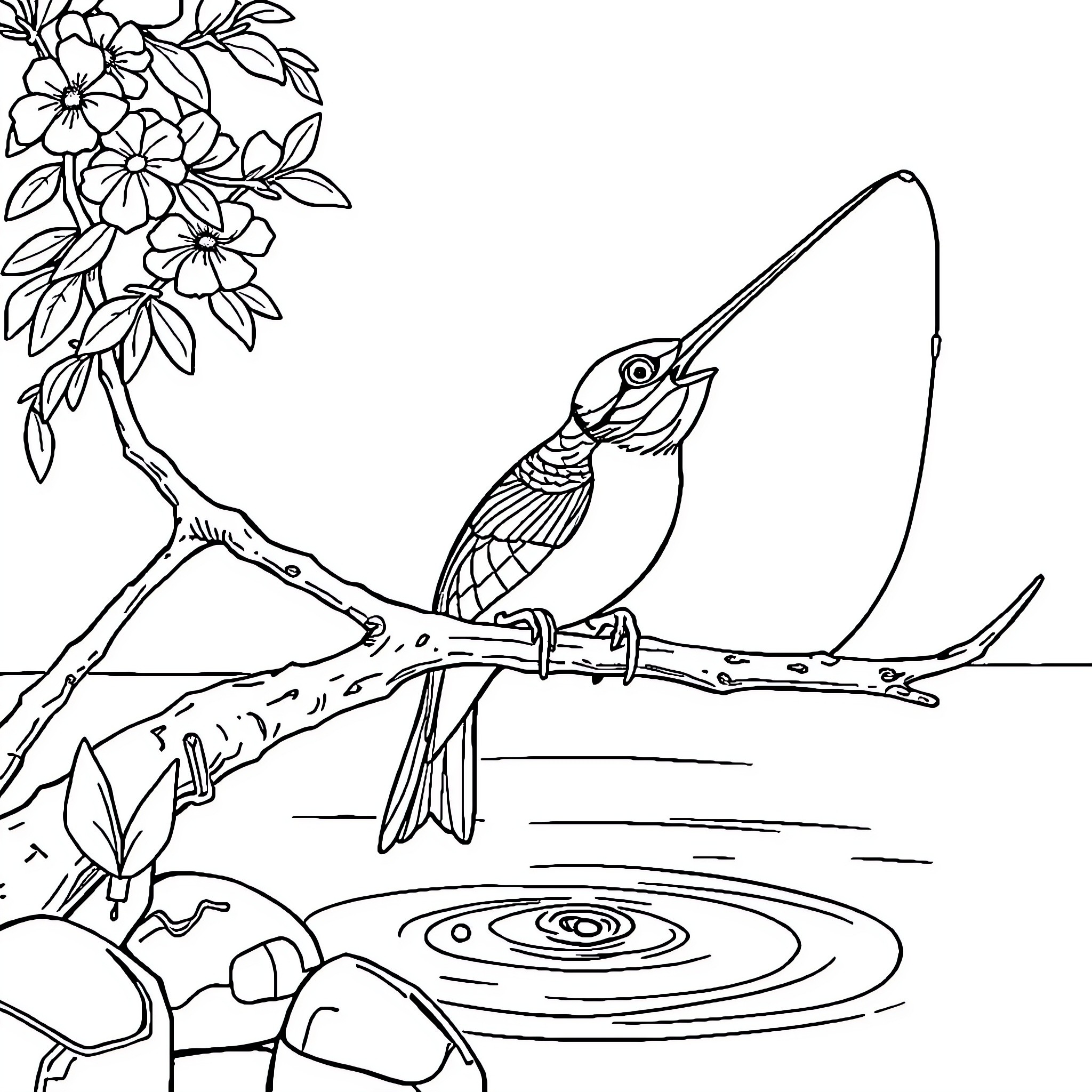 Kingfisher perched on branch near rippling water Coloring Page (free black-and-white line drawing printable PDF for all, from beginners to advanced learners, including children, teens, adults, and seniors)