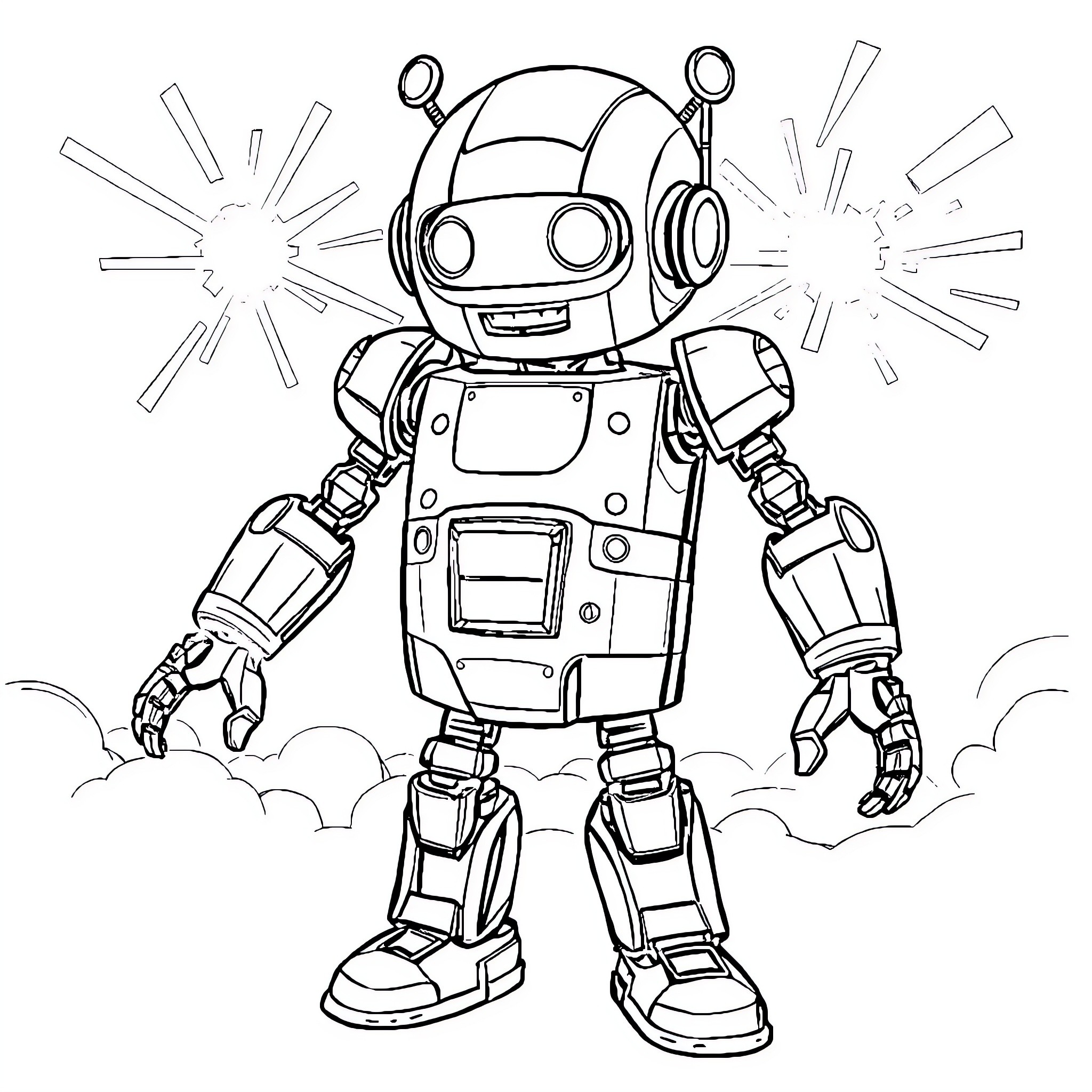 Robot with Robotic Limbs in Whimsical Pose Coloring Page (free black-and-white line drawing printable PDF for all, from beginners to advanced learners, including children, teens, adults, and seniors)