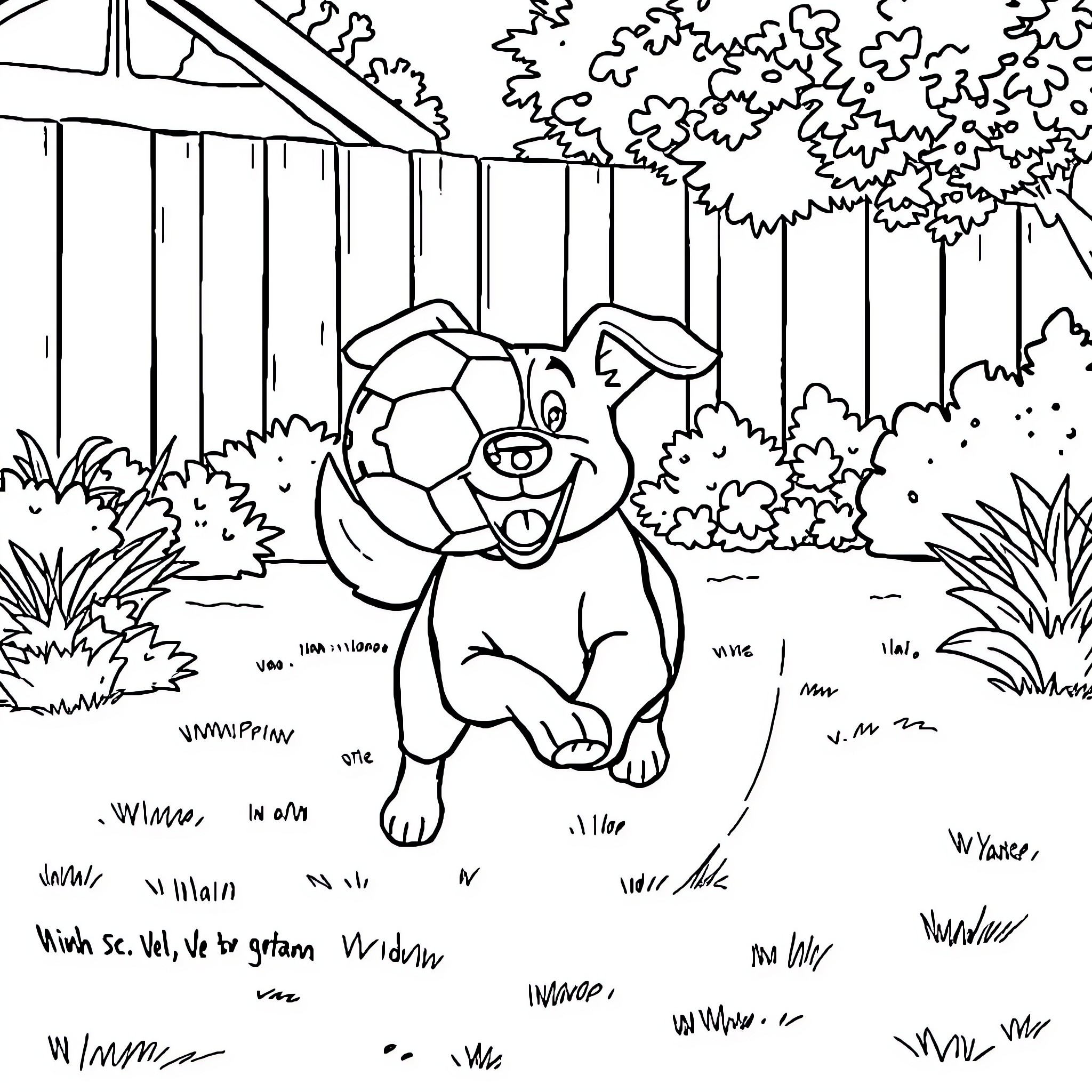 Dog playing with soccer ball in backyard Coloring Page (free black-and-white line drawing printable PDF for all, from beginners to advanced learners, including children, teens, adults, and seniors)