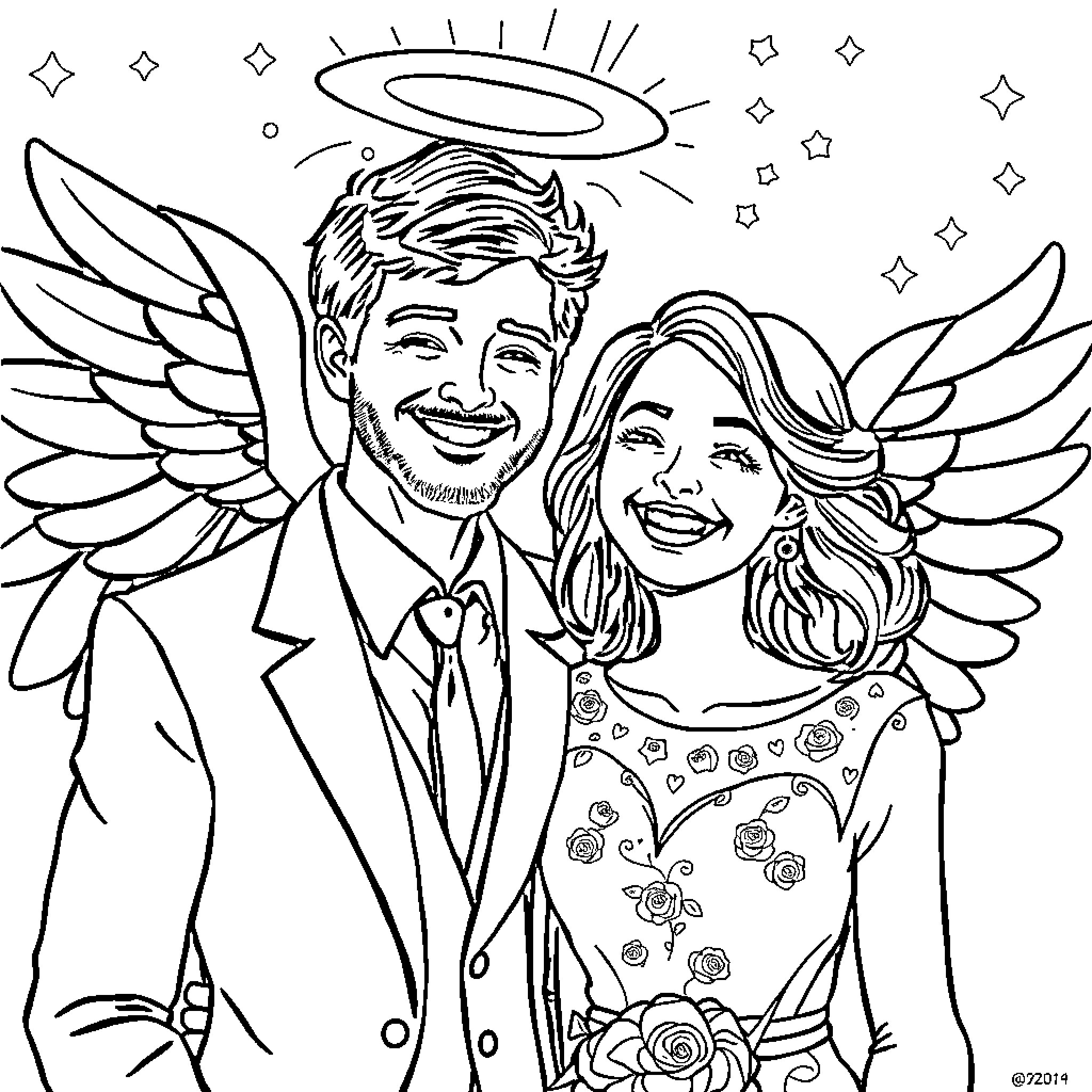 Angel couple in heavenly embrace Coloring Page (free black-and-white line drawing printable PDF for all, from beginners to advanced learners, including children, teens, adults, and seniors)