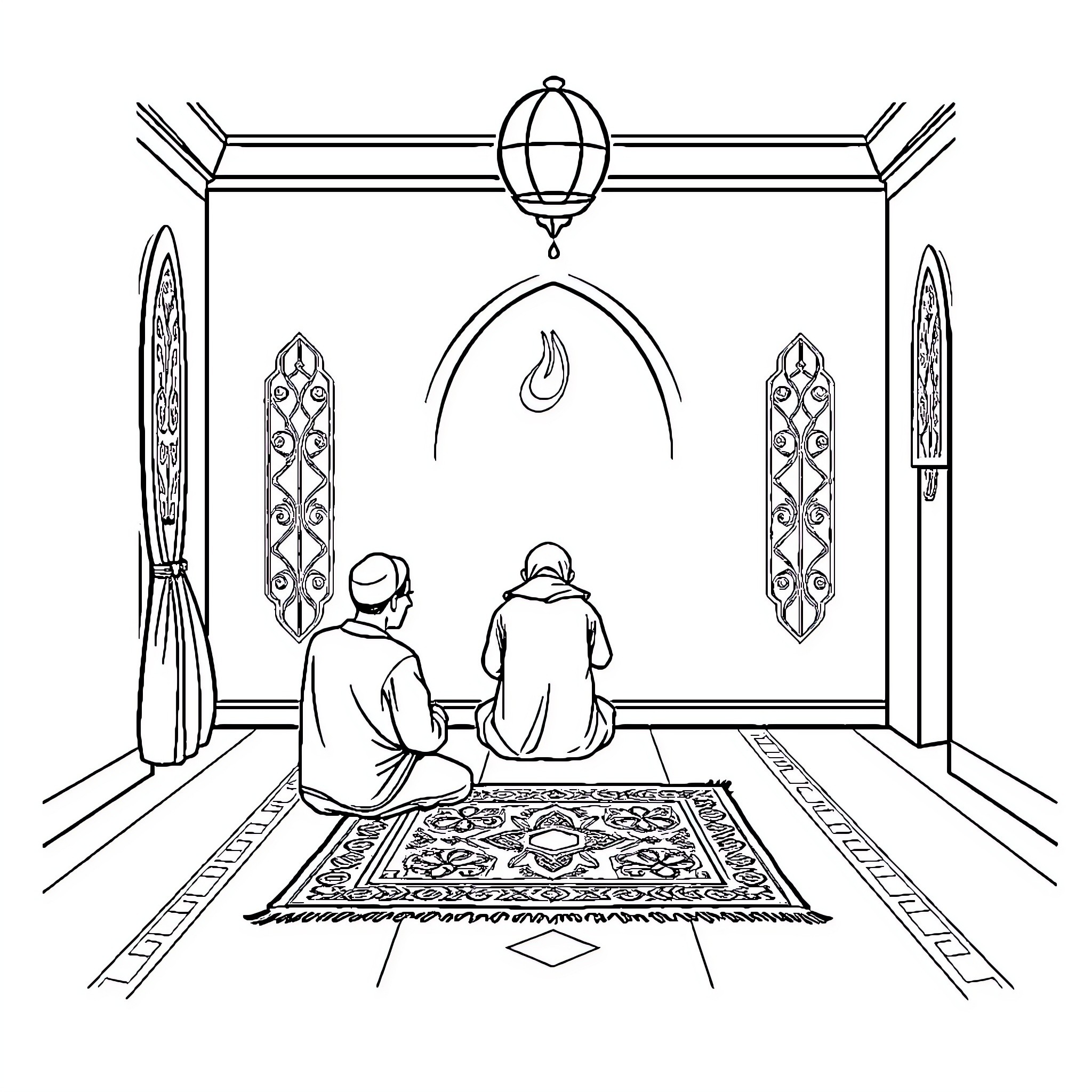 Salah - Two Muslims praying in a mosque Coloring Page (free black-and-white line drawing printable PDF for all, from beginners to advanced learners, including children, teens, adults, and seniors)