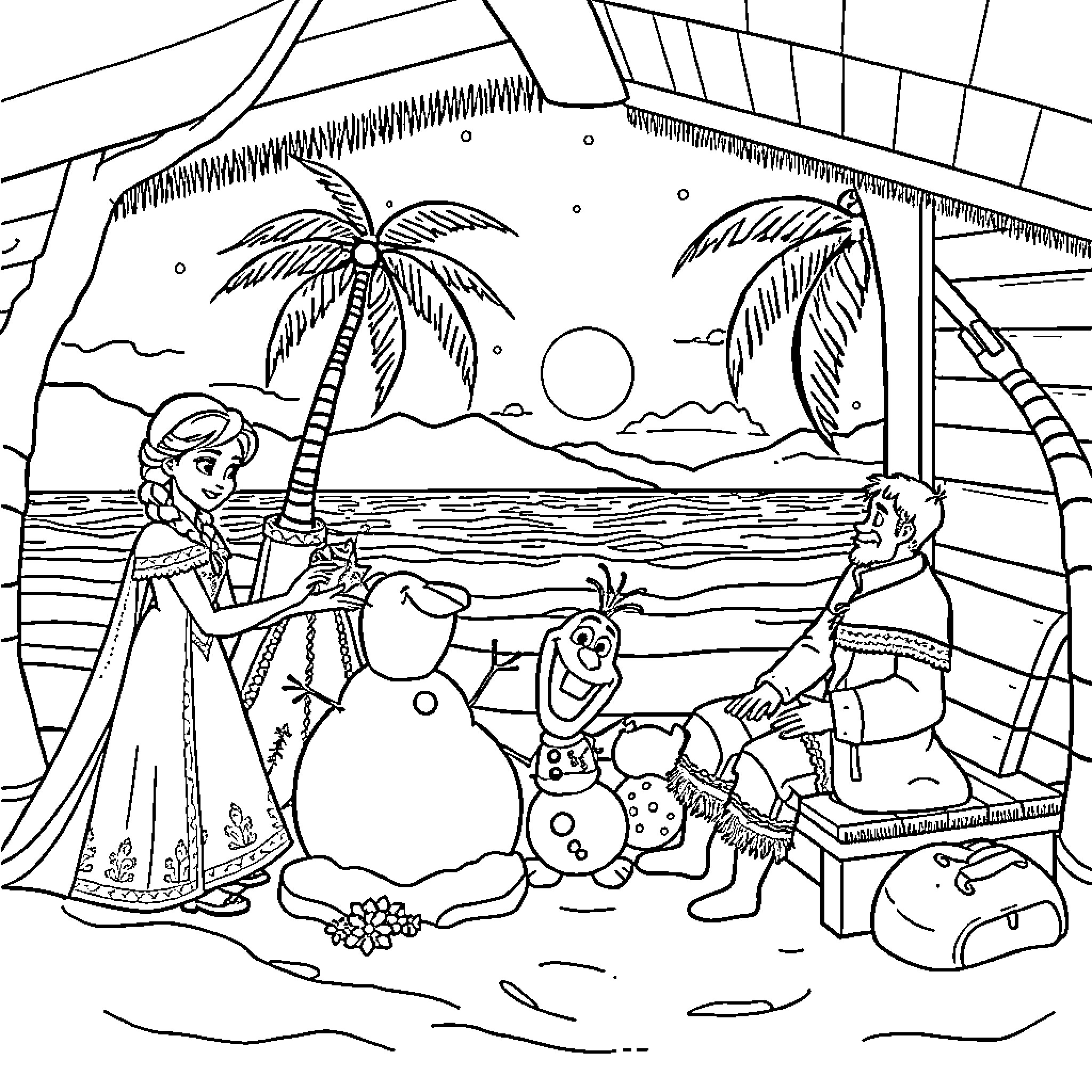 Elsa's Tropical Beach Adventure with Olaf and Friends Coloring Page (free black-and-white line drawing printable PDF for all, from beginners to advanced learners, including children, teens, adults, and seniors)