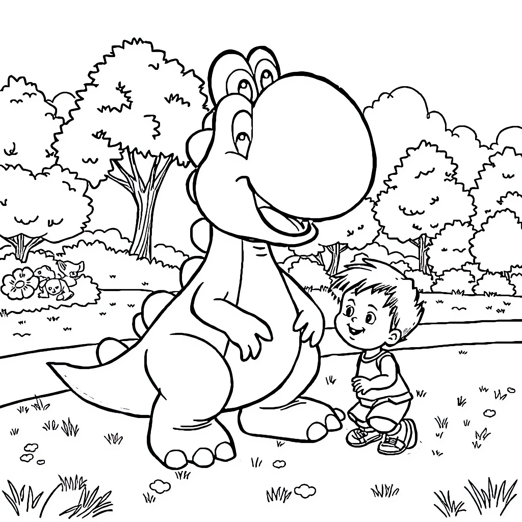 Yoshi and child playing together in the park Coloring Page (free black-and-white line drawing printable PDF for all, from beginners to advanced learners, including children, teens, adults, and seniors)