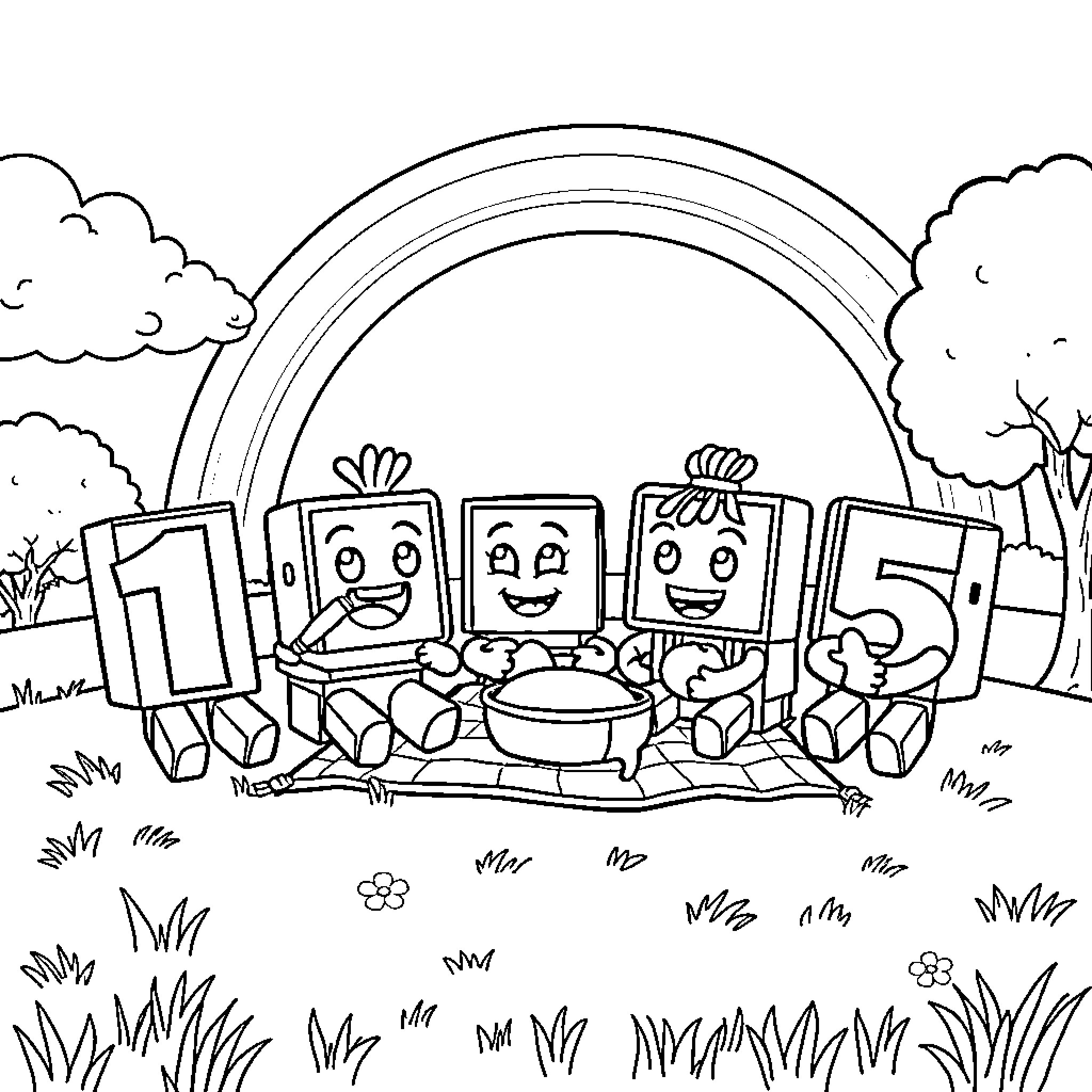 Numberblocks playing joyfully in nature Coloring Page (free black-and-white line drawing printable PDF for all, from beginners to advanced learners, including children, teens, adults, and seniors)