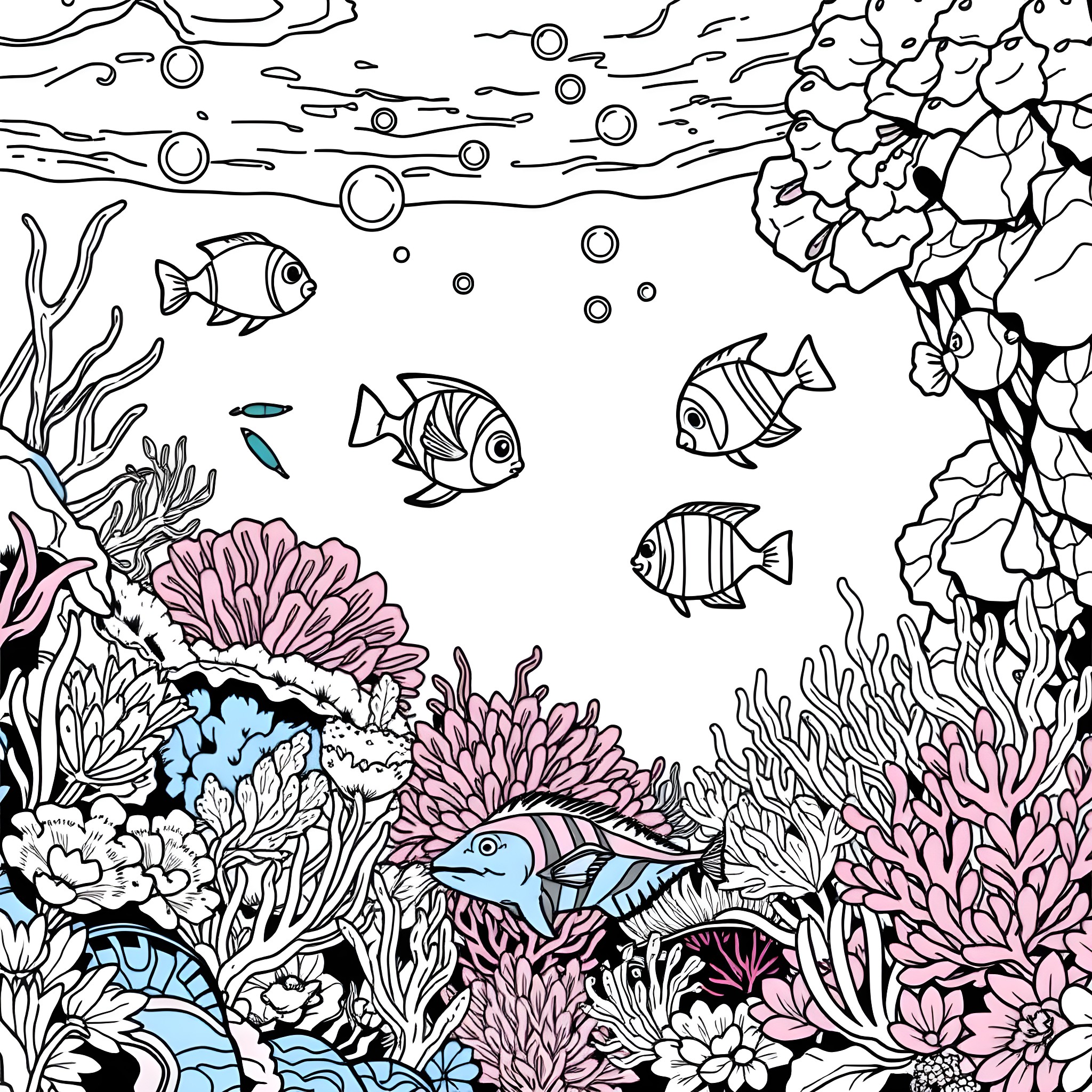 Fish swimming among colorful coral reefs Coloring Page (free black-and-white line drawing printable PDF for all, from beginners to advanced learners, including children, teens, adults, and seniors)
