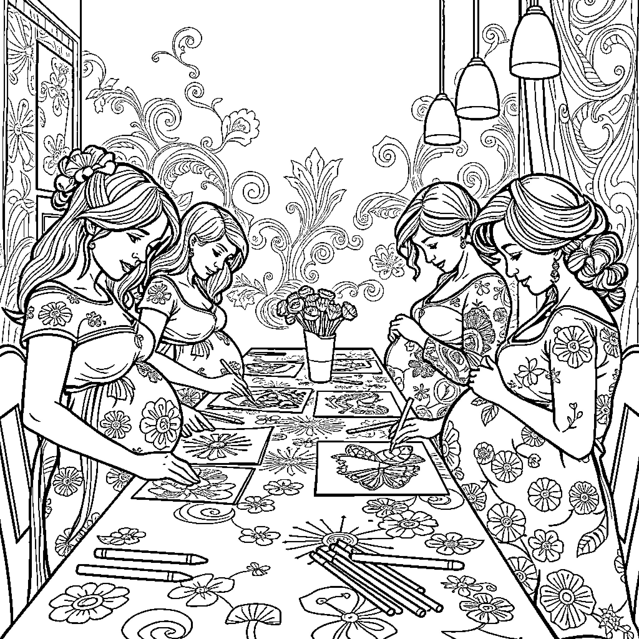 Pregnant Women Enjoying an Arts and Crafts Activity Coloring Page (free black-and-white line drawing printable PDF for all, from beginners to advanced learners, including children, teens, adults, and seniors)