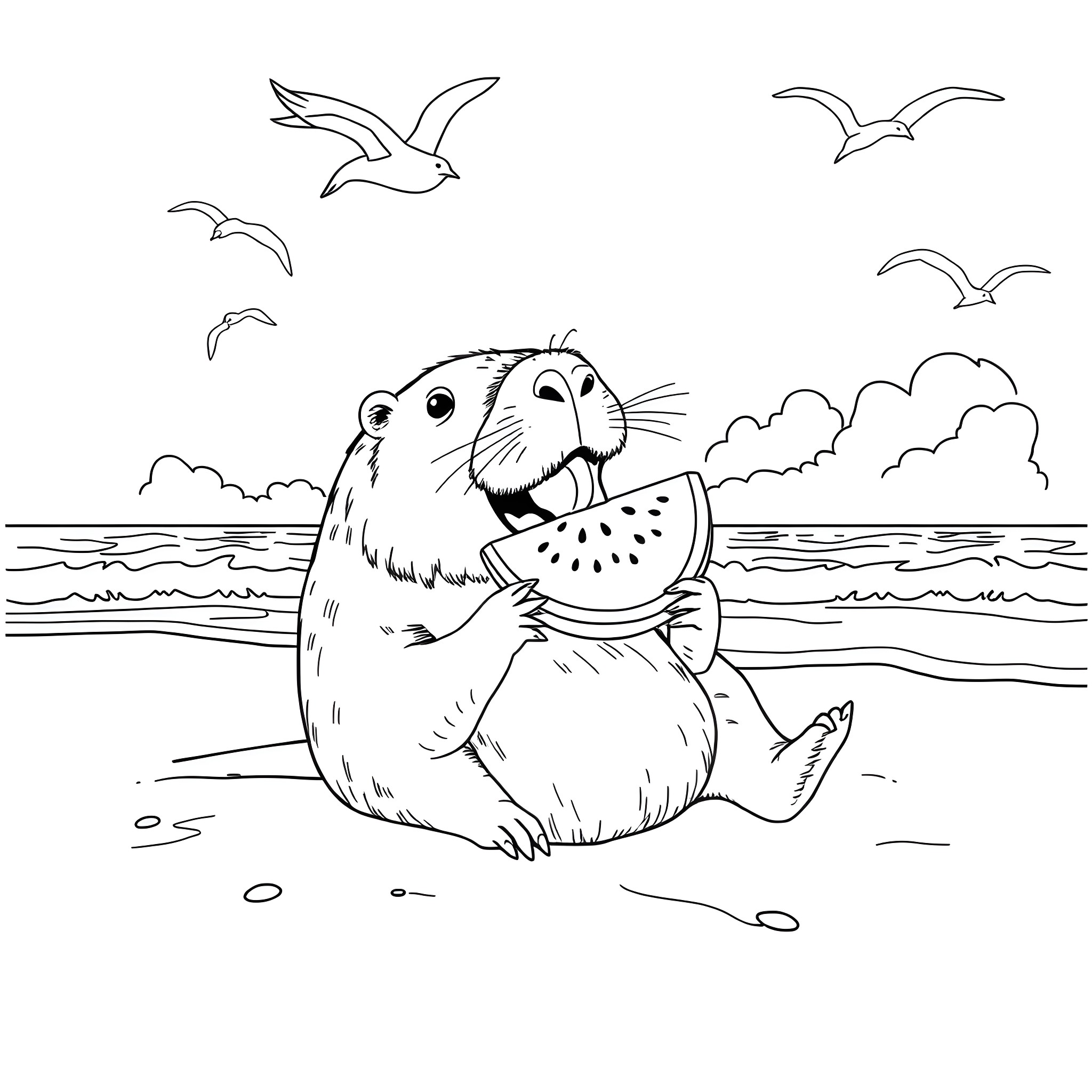 Capybara enjoying a watermelon on the beach Coloring Page (free black-and-white line drawing printable PDF for all, from beginners to advanced learners, including children, teens, adults, and seniors)