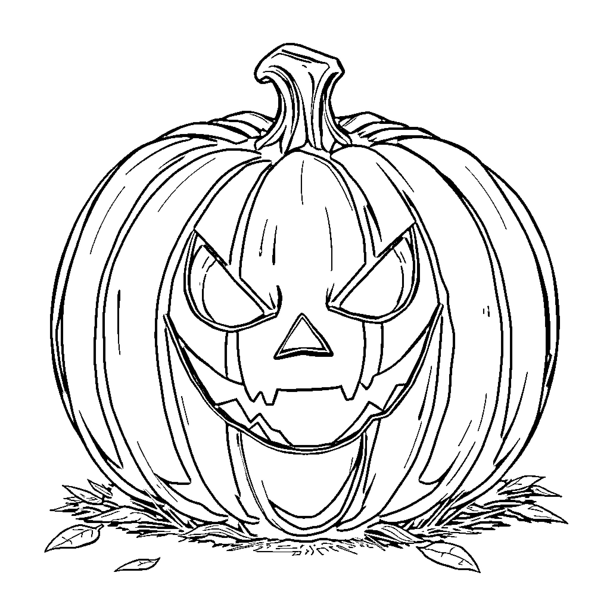 Pumpkin with carved spooky face Coloring Page (free black-and-white line drawing printable PDF for all, from beginners to advanced learners, including children, teens, adults, and seniors)