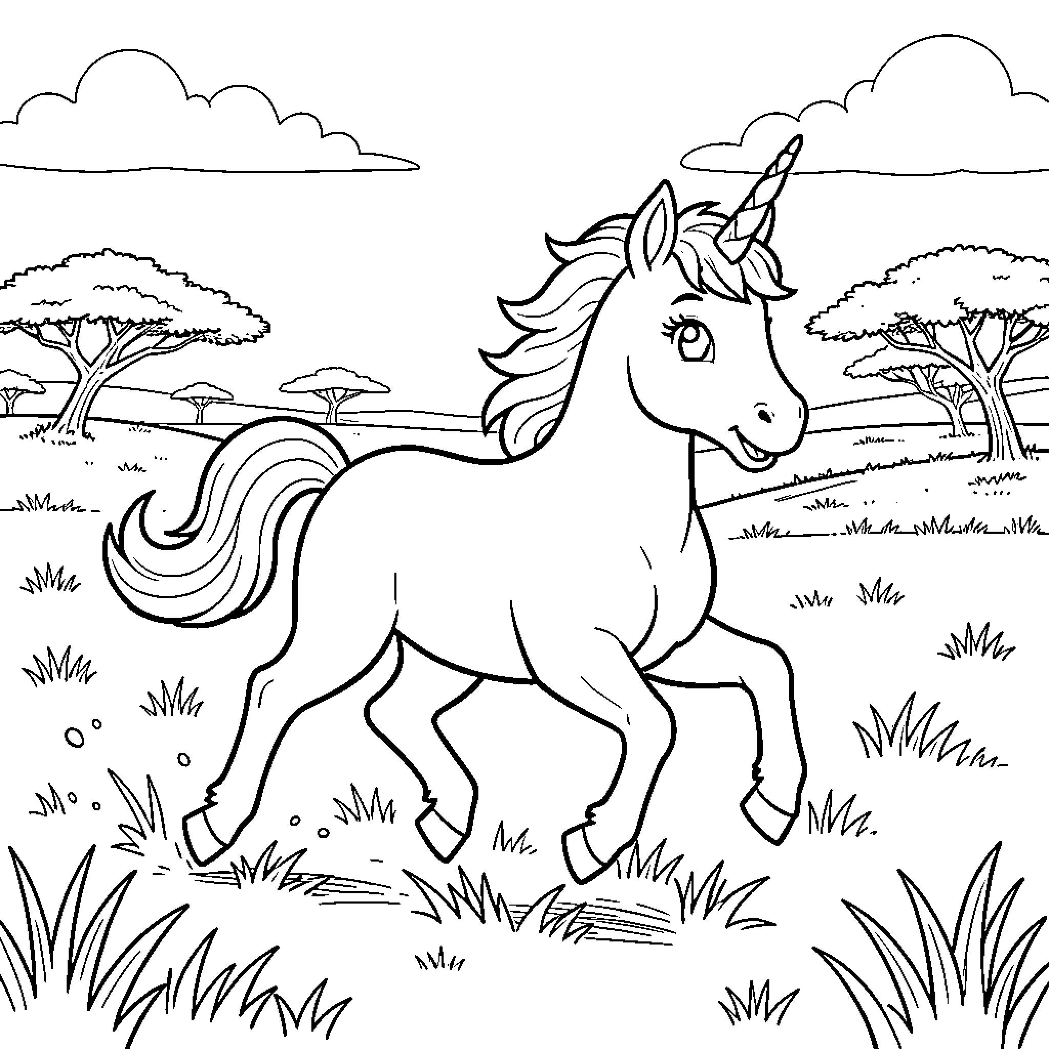 Unicorn galloping joyfully through a grassy meadow Coloring Page (free black-and-white line drawing printable PDF for all, from beginners to advanced learners, including children, teens, adults, and seniors)