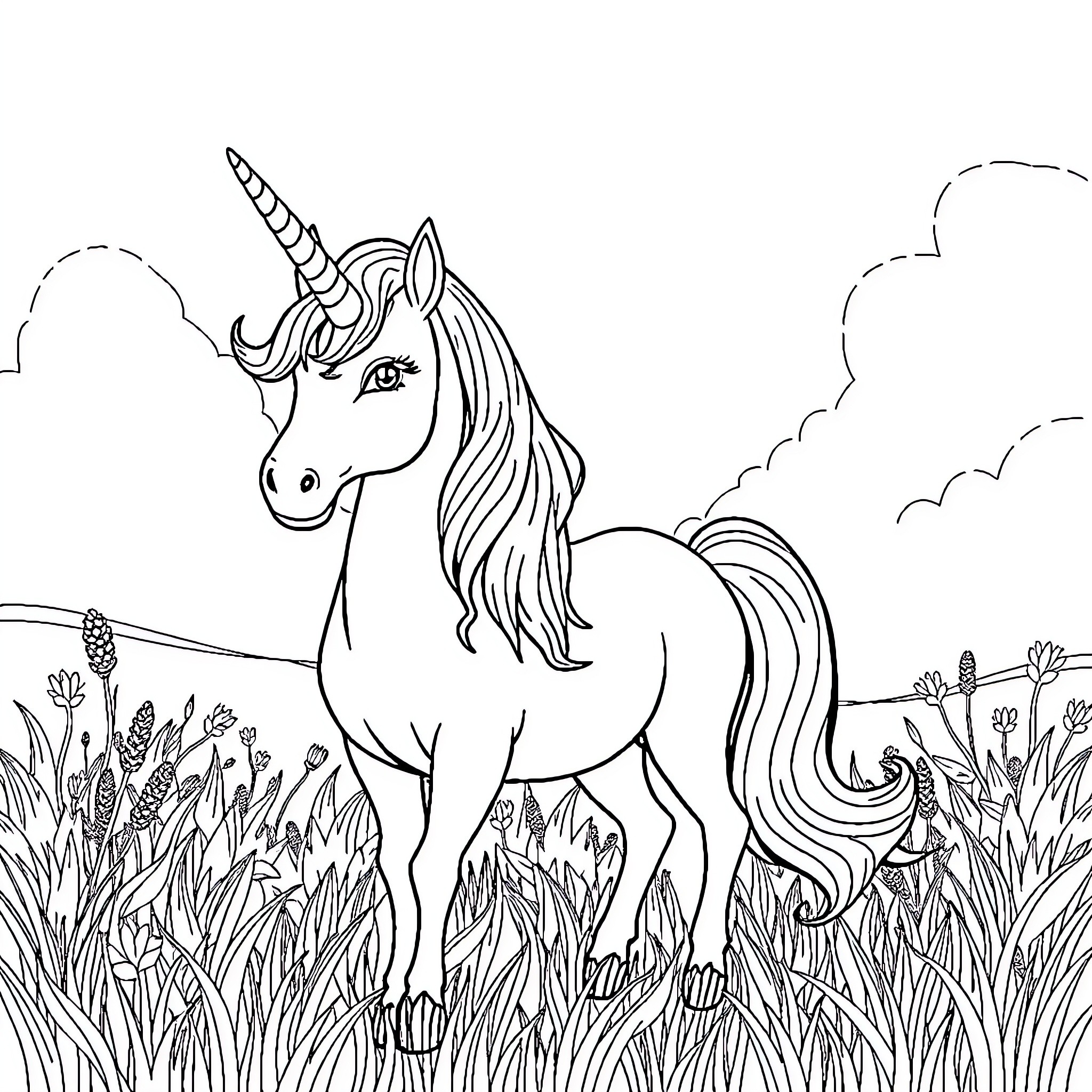 Unicorn standing in the meadow Coloring Page (free black-and-white line drawing printable PDF for all, from beginners to advanced learners, including children, teens, adults, and seniors)