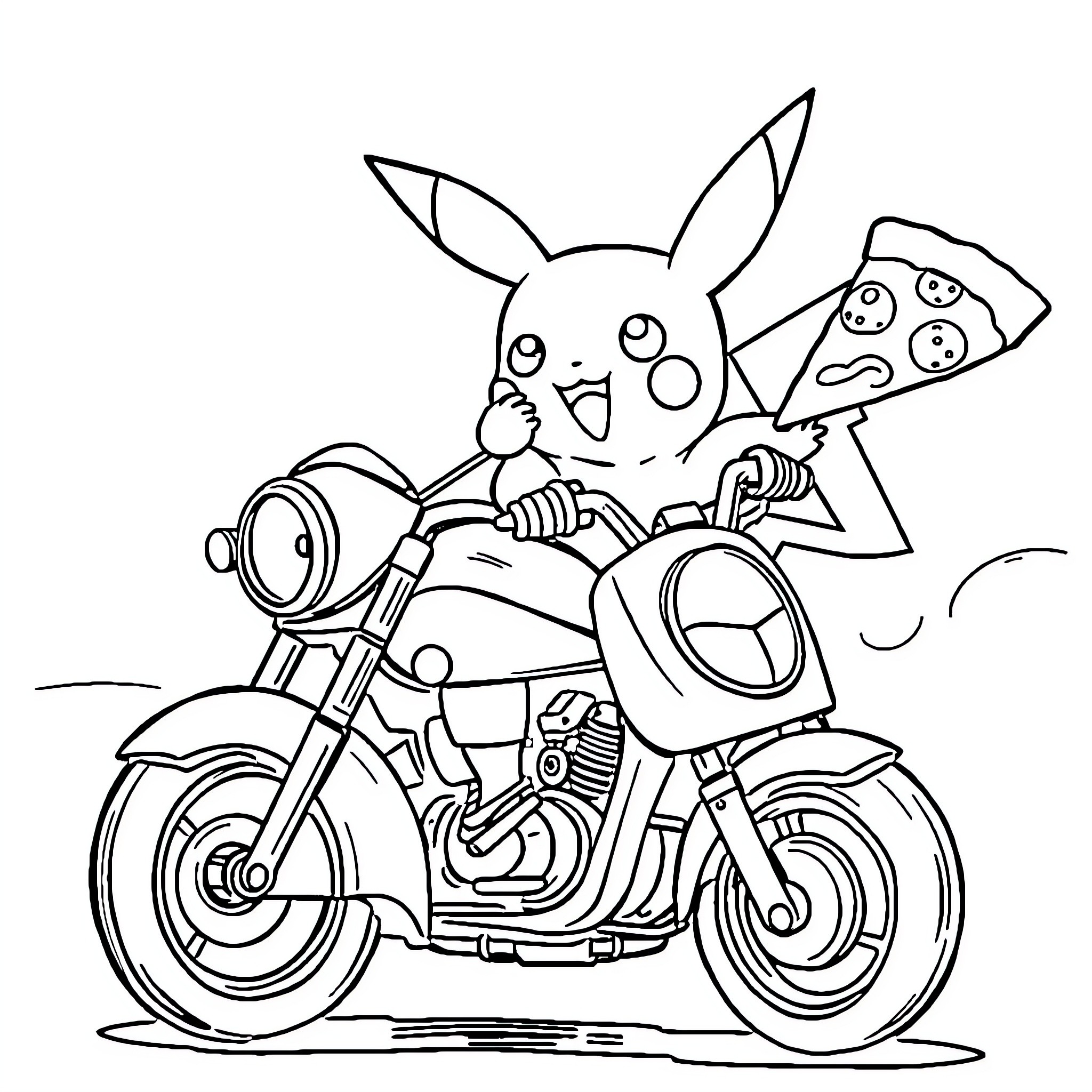 Pikachu riding a motorcycle and holding a pizza slice Coloring Page (free black-and-white line drawing printable PDF for all, from beginners to advanced learners, including children, teens, adults, and seniors)