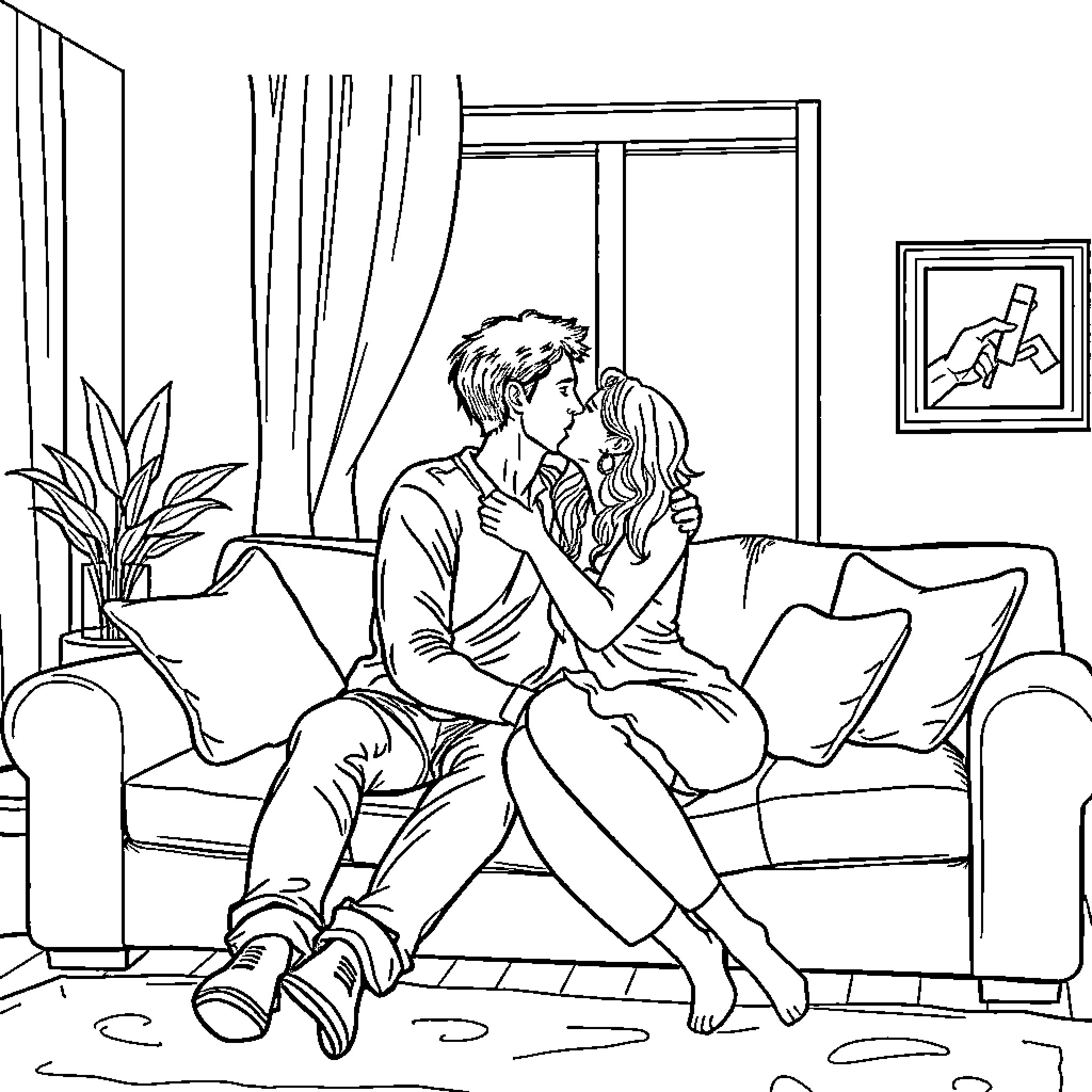 Couple cuddling affectionately on couch Coloring Page (free black-and-white line drawing printable PDF for all, from beginners to advanced learners, including children, teens, adults, and seniors)