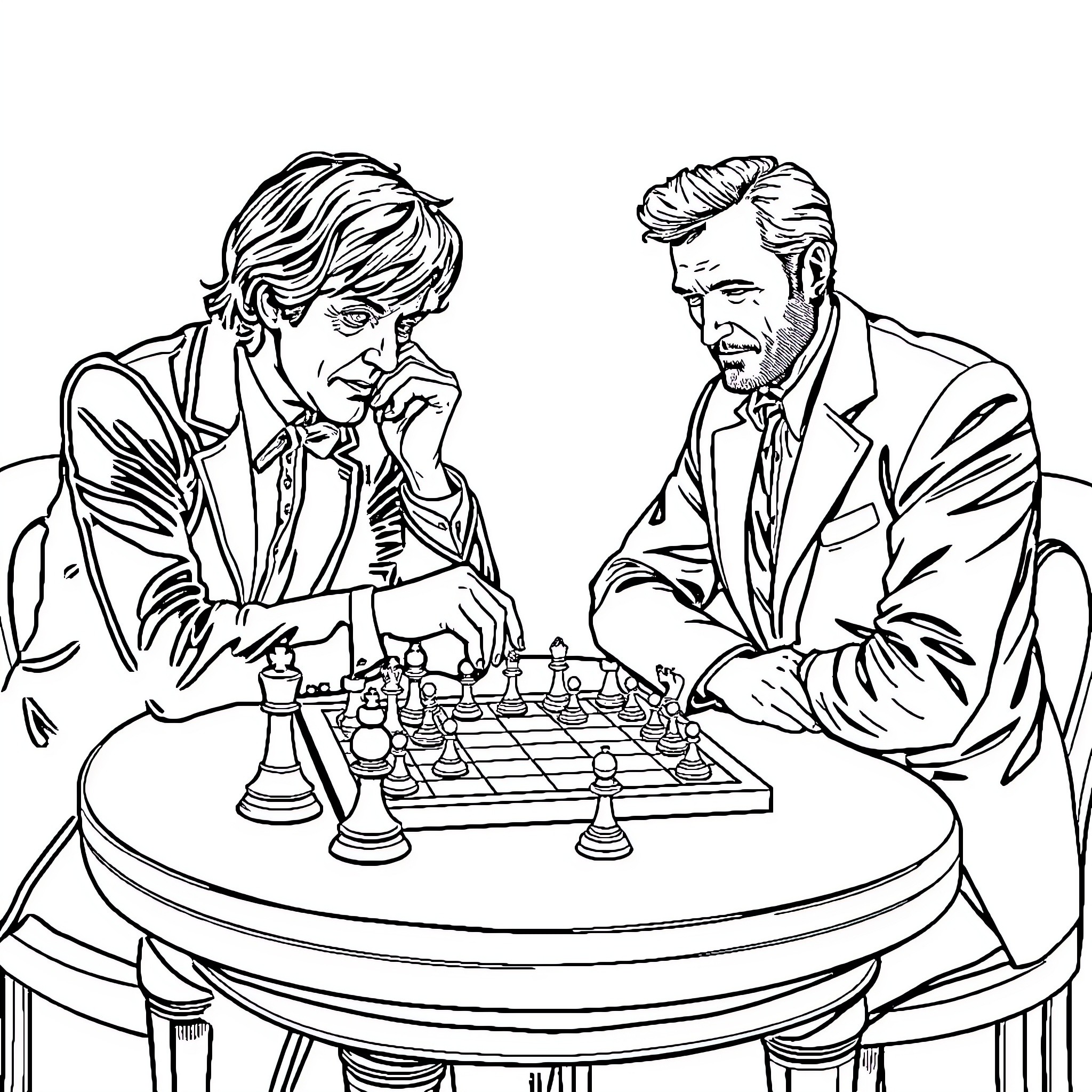 Professor Brian Cox playing chess with colleague Coloring Page (free black-and-white line drawing printable PDF for all, from beginners to advanced learners, including children, teens, adults, and seniors)