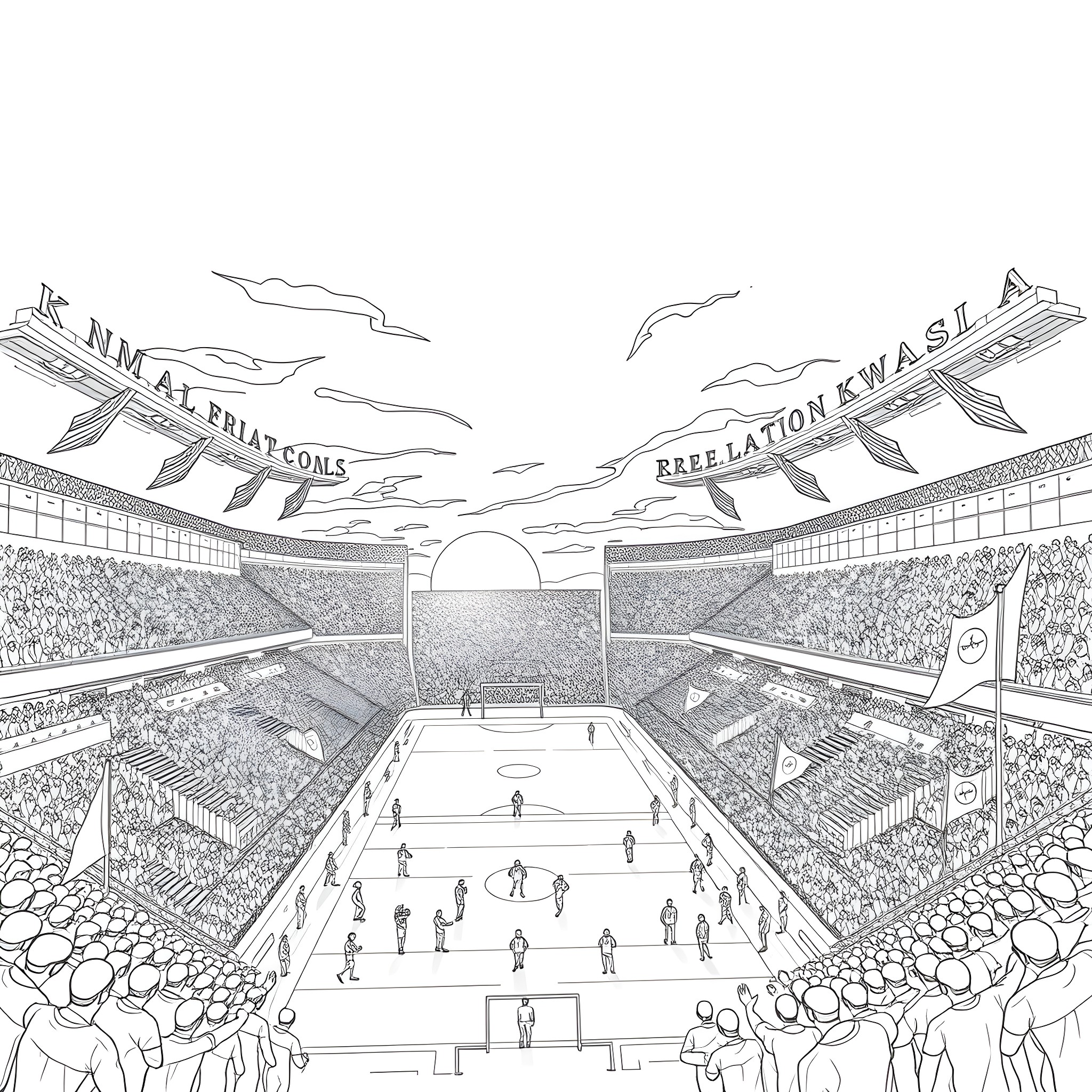 Fratton Park - Fans Gather for a Football Match Coloring Page (free black-and-white line drawing printable PDF for all, from beginners to advanced learners, including children, teens, adults, and seniors)
