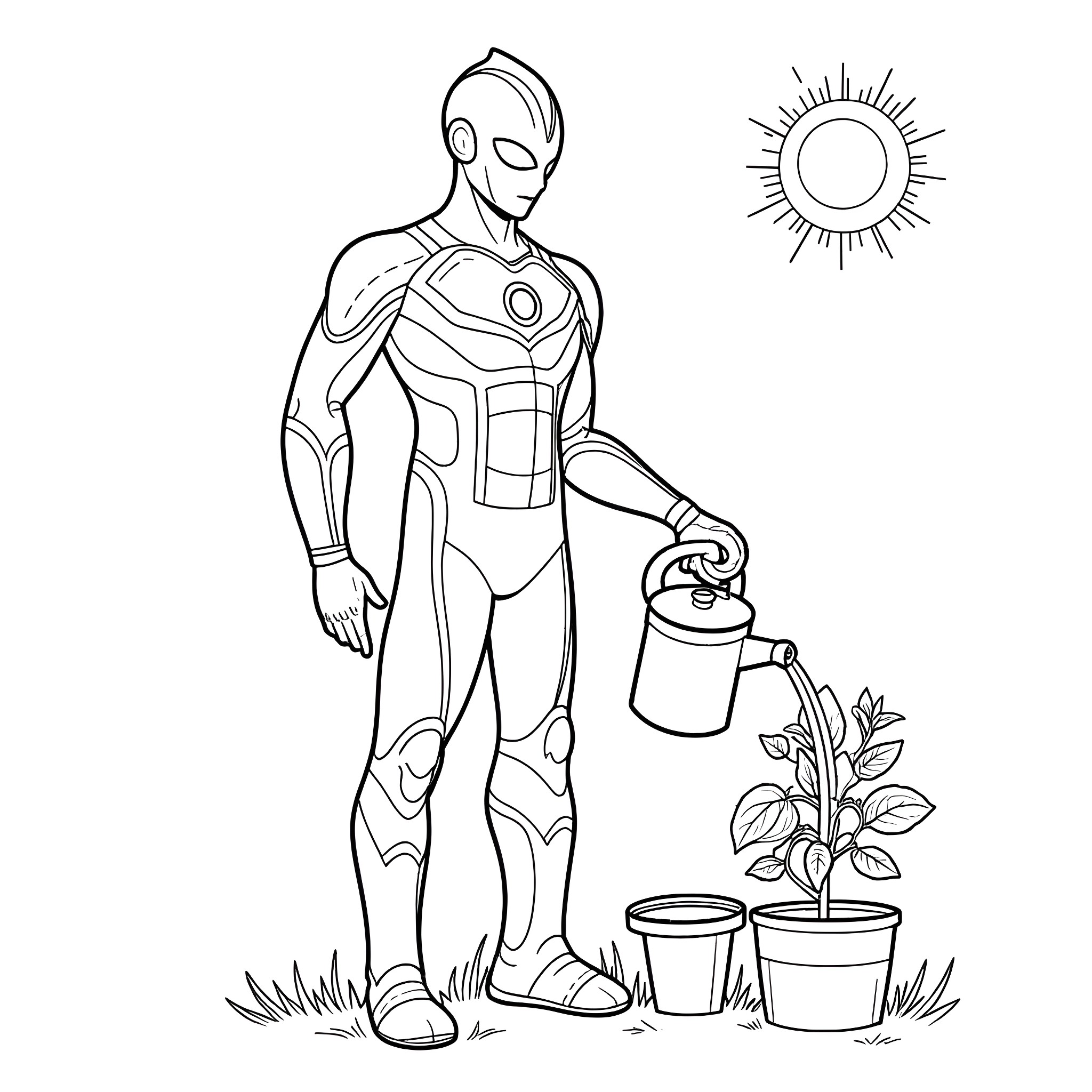 Ultraman watering plants in the sun Coloring Page (free black-and-white line drawing printable PDF for all, from beginners to advanced learners, including children, teens, adults, and seniors)