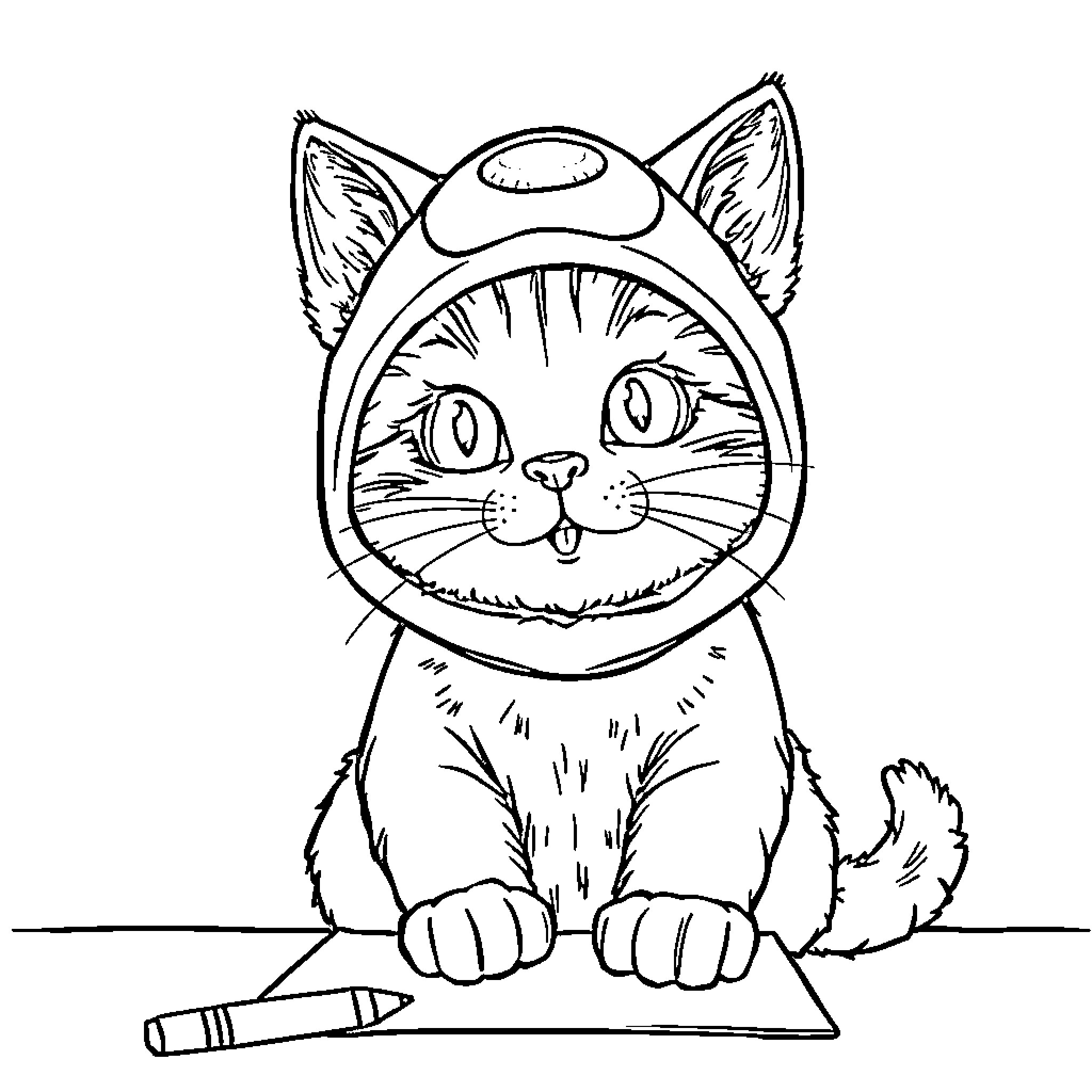 Cat wearing a helmet and holding a pencil Coloring Page (free black-and-white line drawing printable PDF for all, from beginners to advanced learners, including children, teens, adults, and seniors)