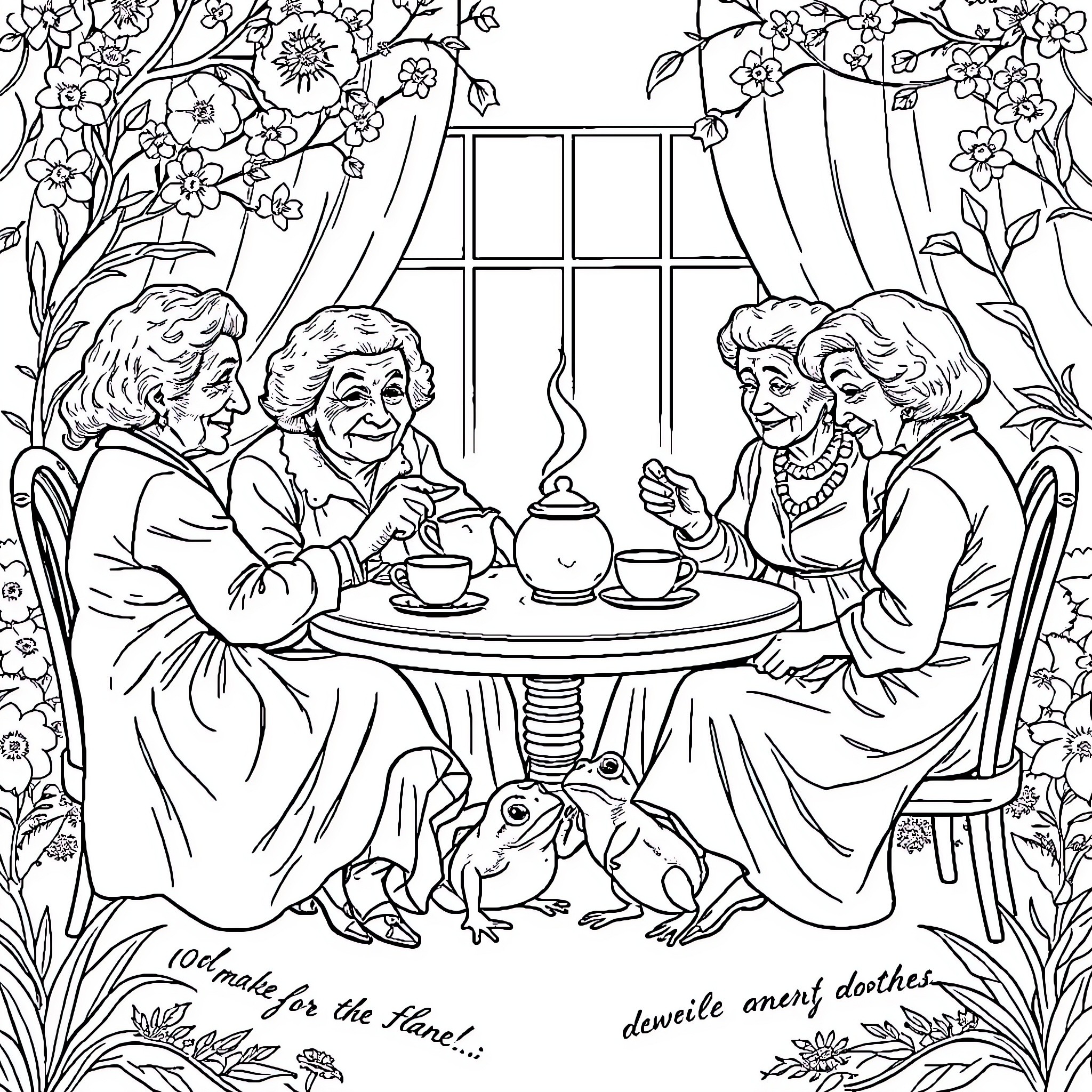 Lady Friends Enjoying Afternoon Tea in Floral Garden Coloring Page (free black-and-white line drawing printable PDF for all, from beginners to advanced learners, including children, teens, adults, and seniors)