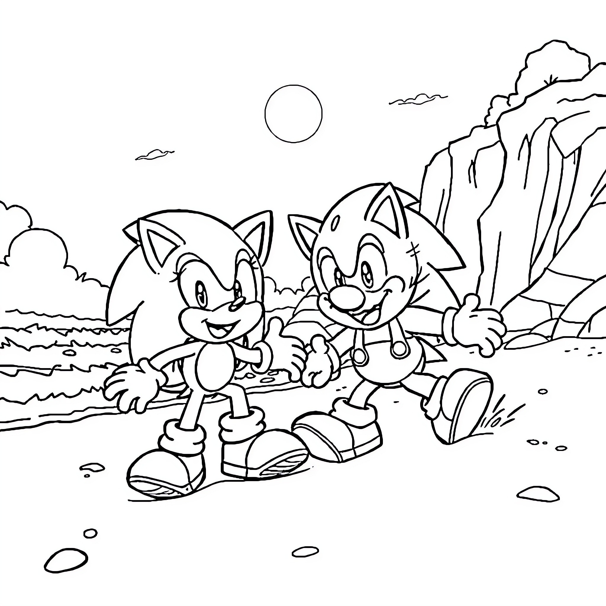 Sonic and friends exploring the outdoors Coloring Page (free black-and-white line drawing printable PDF for all, from beginners to advanced learners, including children, teens, adults, and seniors)
