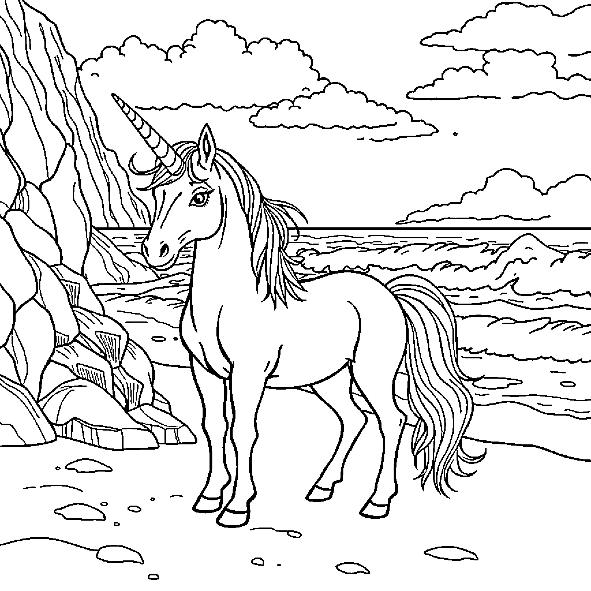 Unicorn standing by the cliffs and sea Coloring Page (free black-and-white line drawing printable PDF for all, from beginners to advanced learners, including children, teens, adults, and seniors)