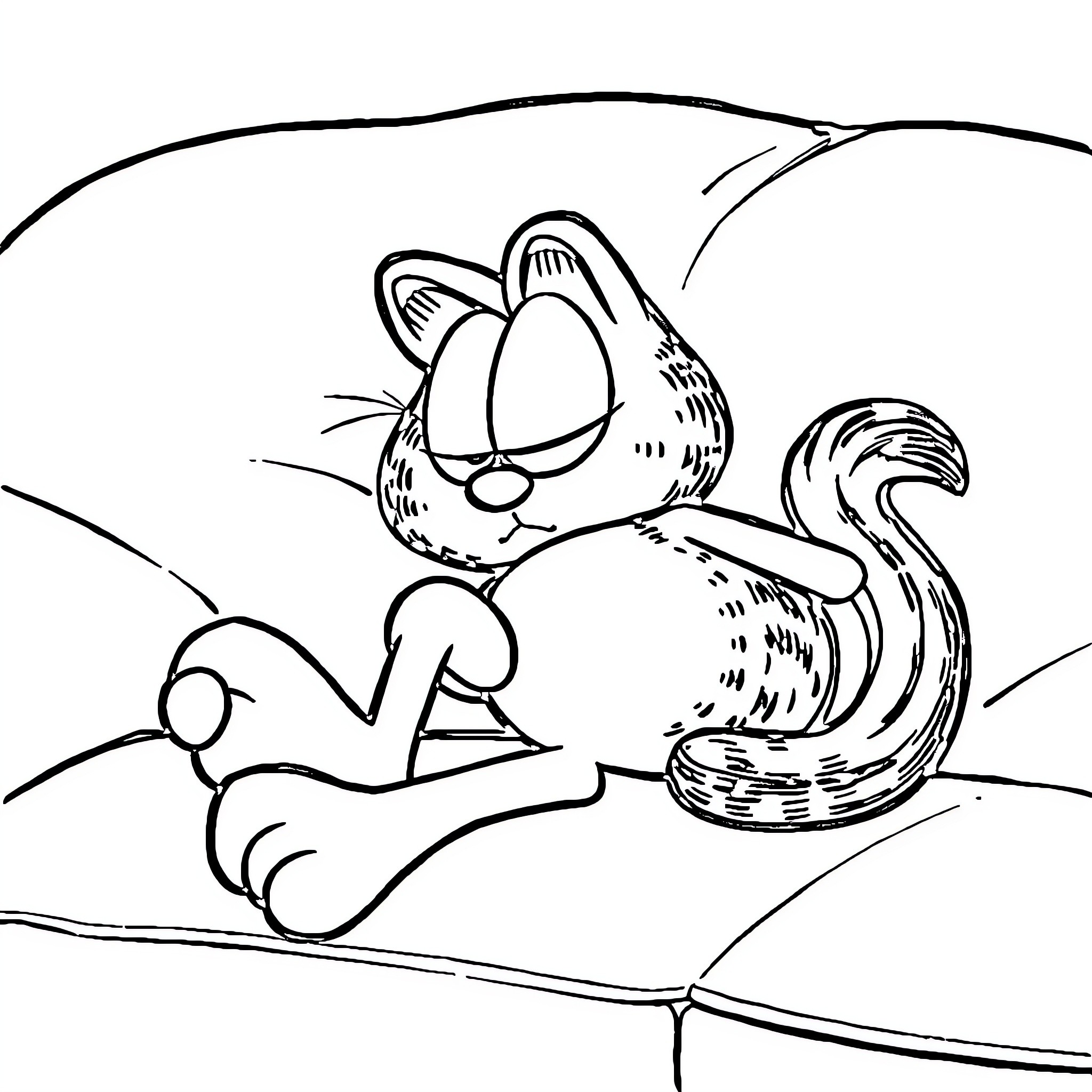 Garfield relaxing on a hammock Coloring Page (free black-and-white line drawing printable PDF for all, from beginners to advanced learners, including children, teens, adults, and seniors)