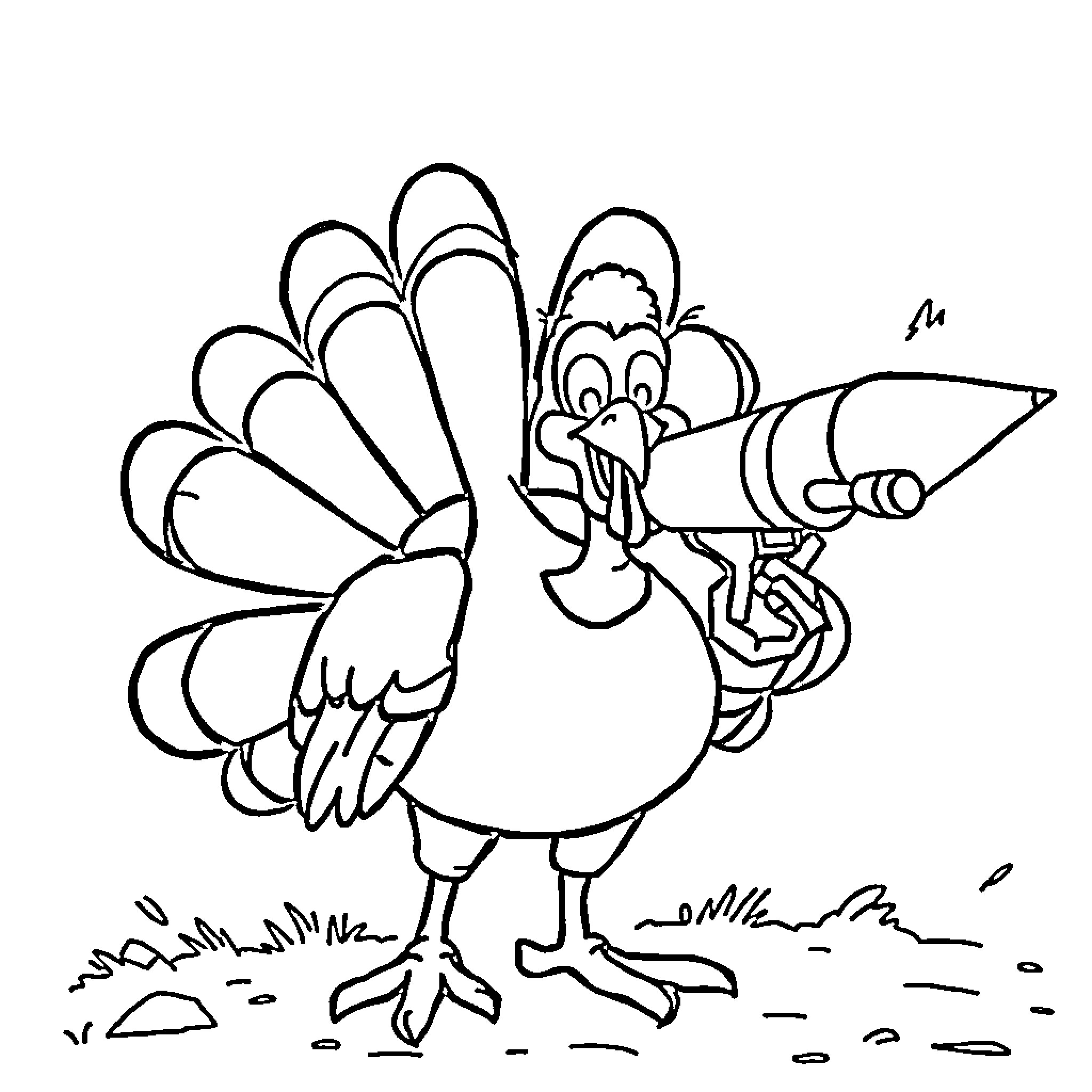 Turkey with Comical Expression Holding Pencil Coloring Page (free black-and-white line drawing printable PDF for all, from beginners to advanced learners, including children, teens, adults, and seniors)