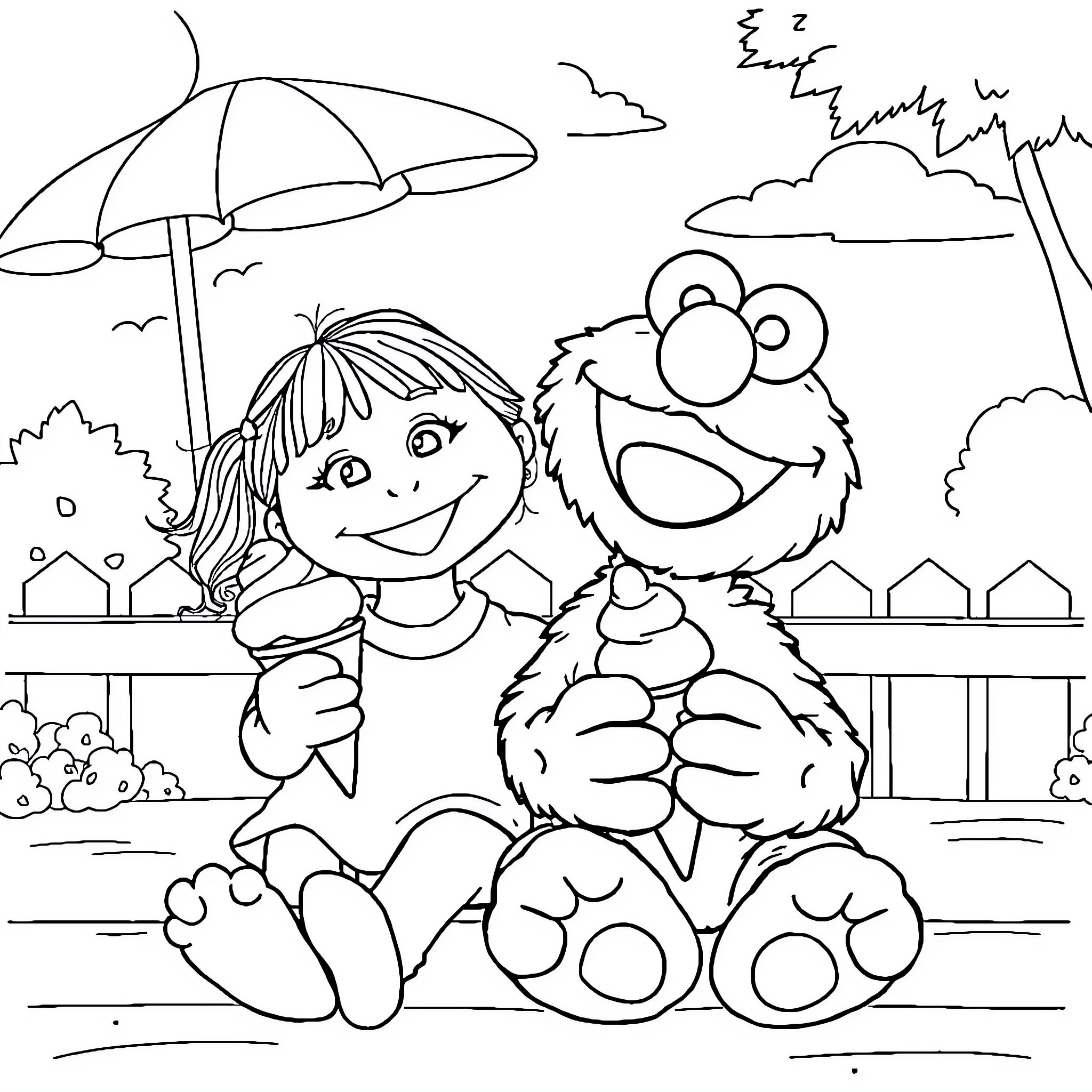 Elmo and friend playing in the park on a rainy day Coloring Page (free black-and-white line drawing printable PDF for all, from beginners to advanced learners, including children, teens, adults, and seniors)