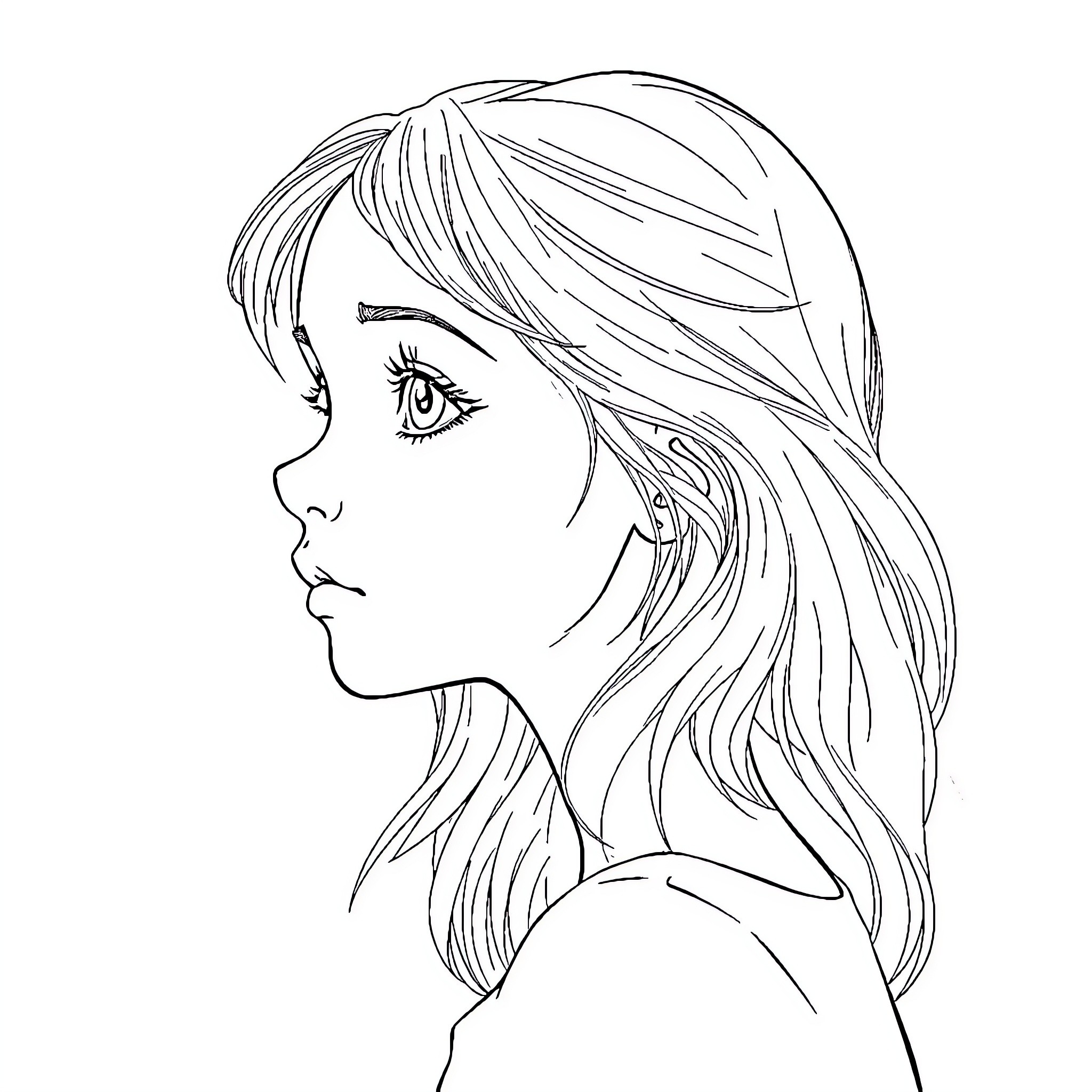 Girl with flowing hair in profile Coloring Page (free black-and-white line drawing printable PDF for all, from beginners to advanced learners, including children, teens, adults, and seniors)