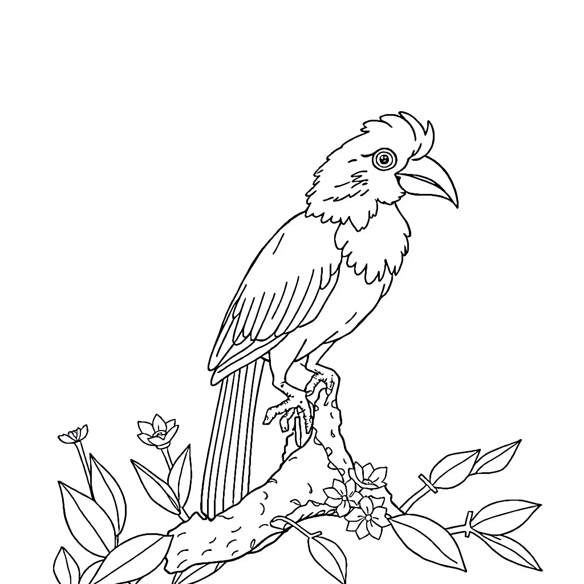 Animal bird perched on floral branch Coloring Page (free black-and-white line drawing printable PDF for all, from beginners to advanced learners, including children, teens, adults, and seniors)