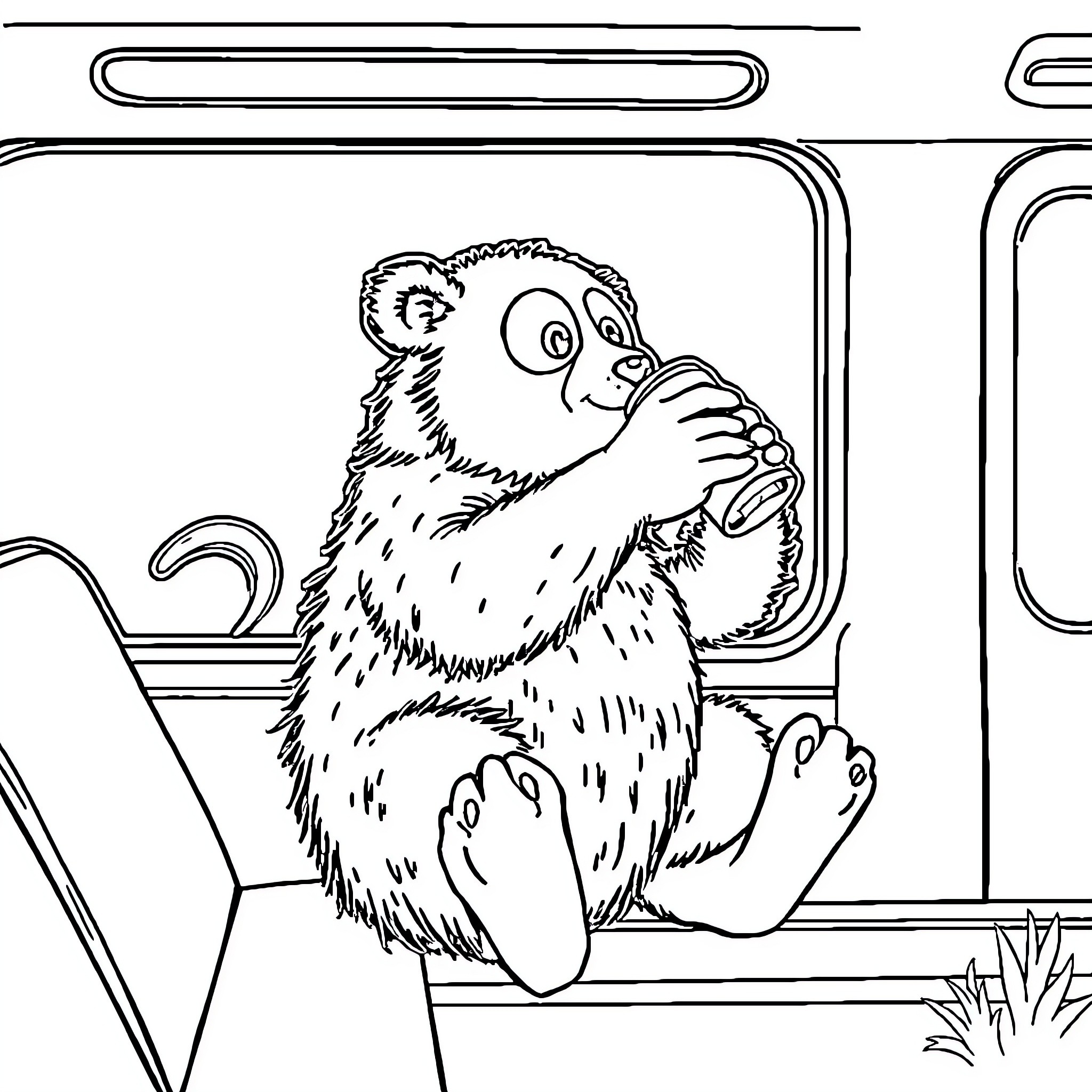 Bear Enjoying a Snack on the Train Coloring Page (free black-and-white line drawing printable PDF for all, from beginners to advanced learners, including children, teens, adults, and seniors)