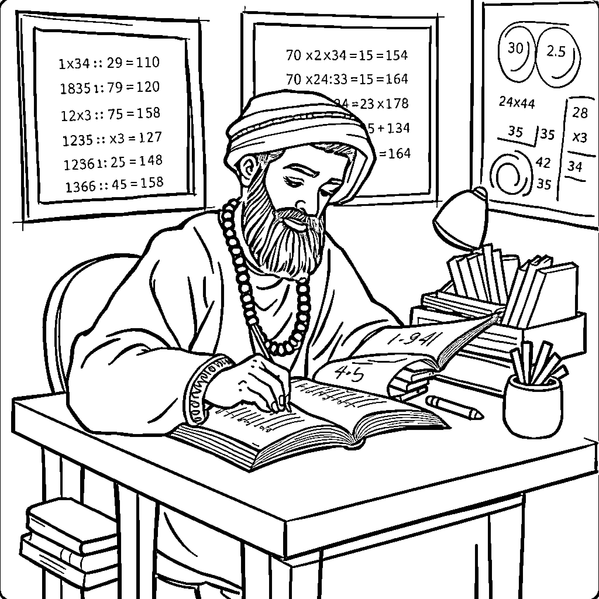 Rumi studying mathematics and literature in his study Coloring Page (free black-and-white line drawing printable PDF for all, from beginners to advanced learners, including children, teens, adults, and seniors)