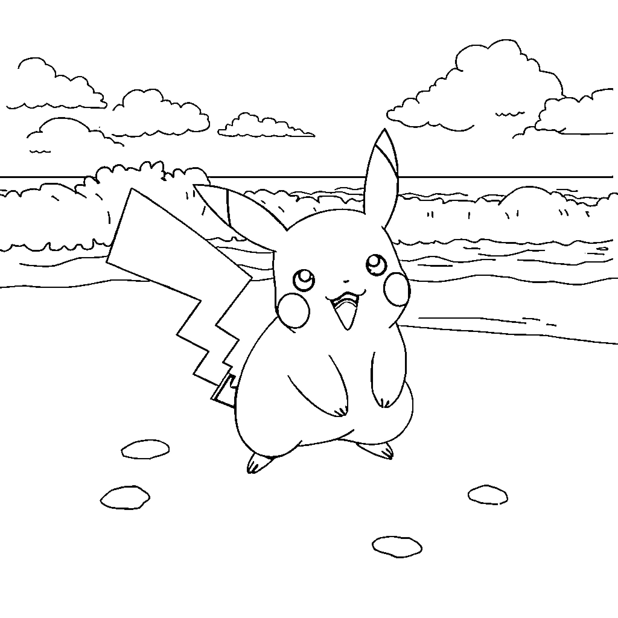 Pikachu enjoying the scenery by the beach Coloring Page (free black-and-white line drawing printable PDF for all, from beginners to advanced learners, including children, teens, adults, and seniors)