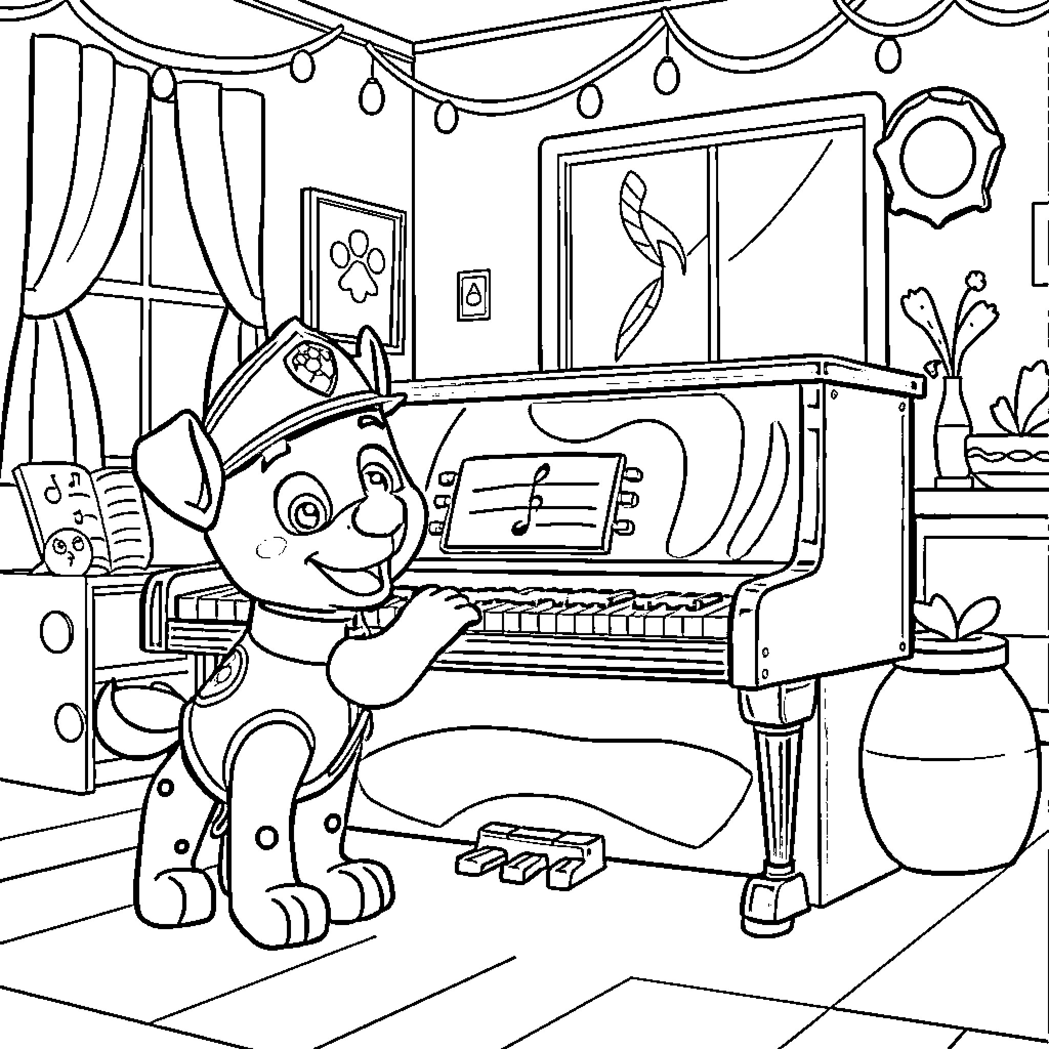 Paw Patrol puppy playing the piano in a cozy room Coloring Page (free black-and-white line drawing printable PDF for all, from beginners to advanced learners, including children, teens, adults, and seniors)