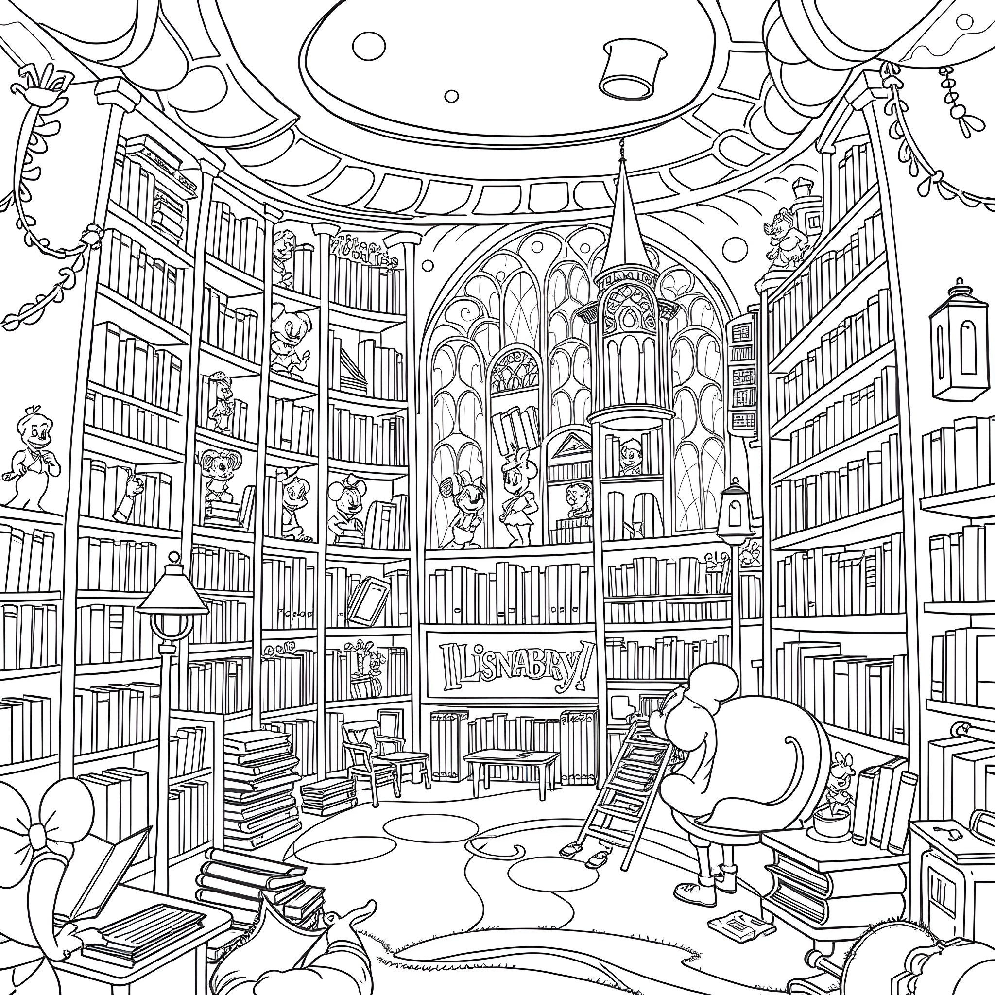 Library Filled with Curious Readers and Researchers Coloring Page (free black-and-white line drawing printable PDF for all, from beginners to advanced learners, including children, teens, adults, and seniors)
