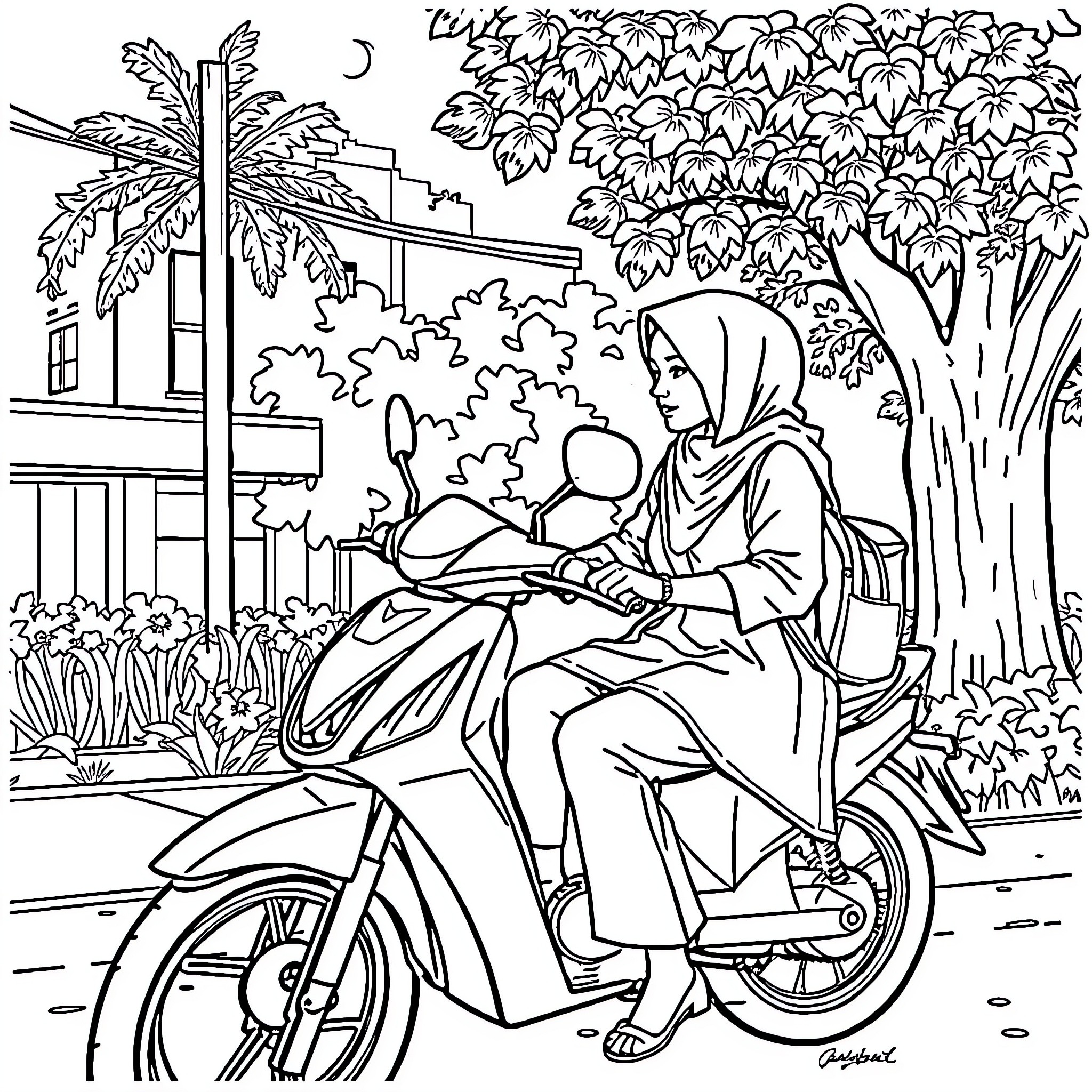Bicycle ride through peaceful neighborhood Coloring Page (free black-and-white line drawing printable PDF for all, from beginners to advanced learners, including children, teens, adults, and seniors)