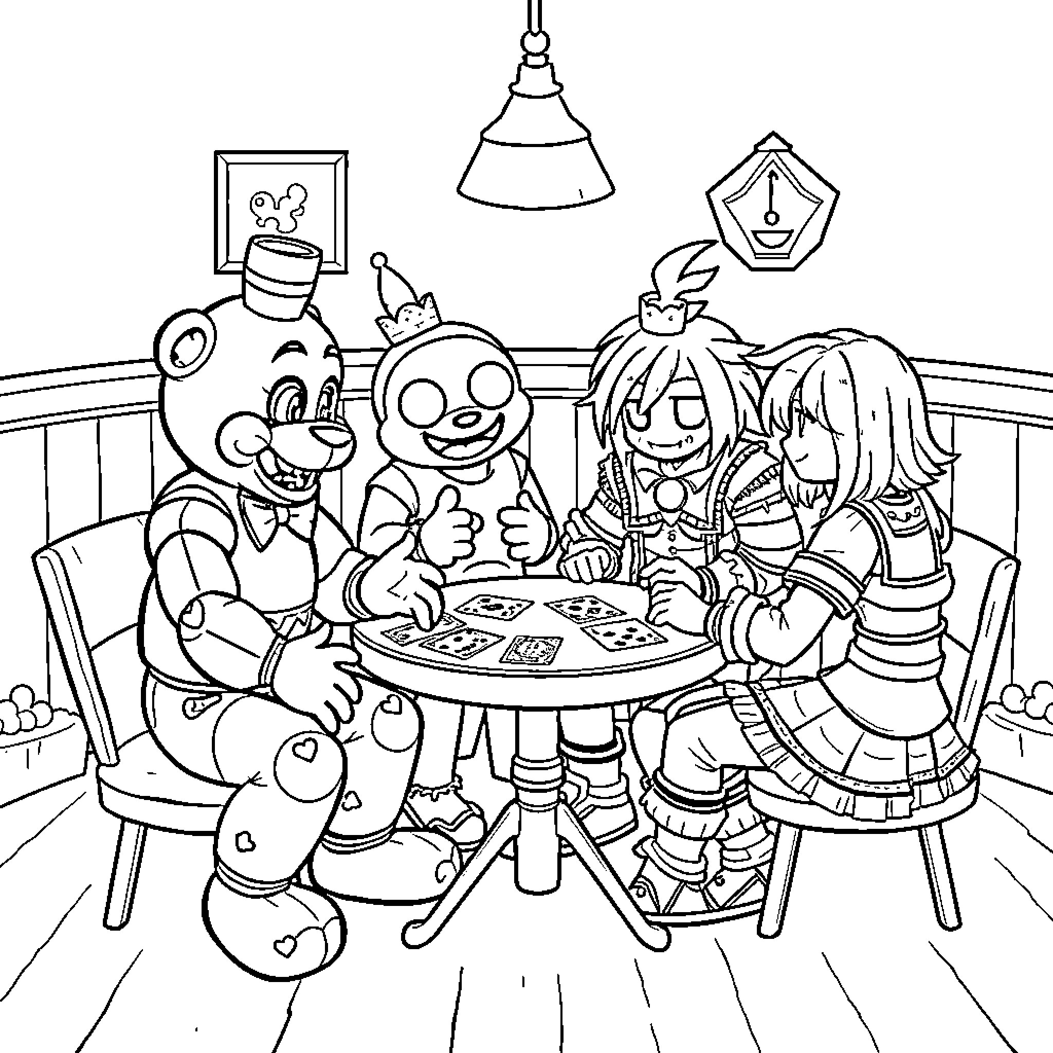 Freddy Fazbear's friends enjoying a party together Coloring Page (free black-and-white line drawing printable PDF for all, from beginners to advanced learners, including children, teens, adults, and seniors)