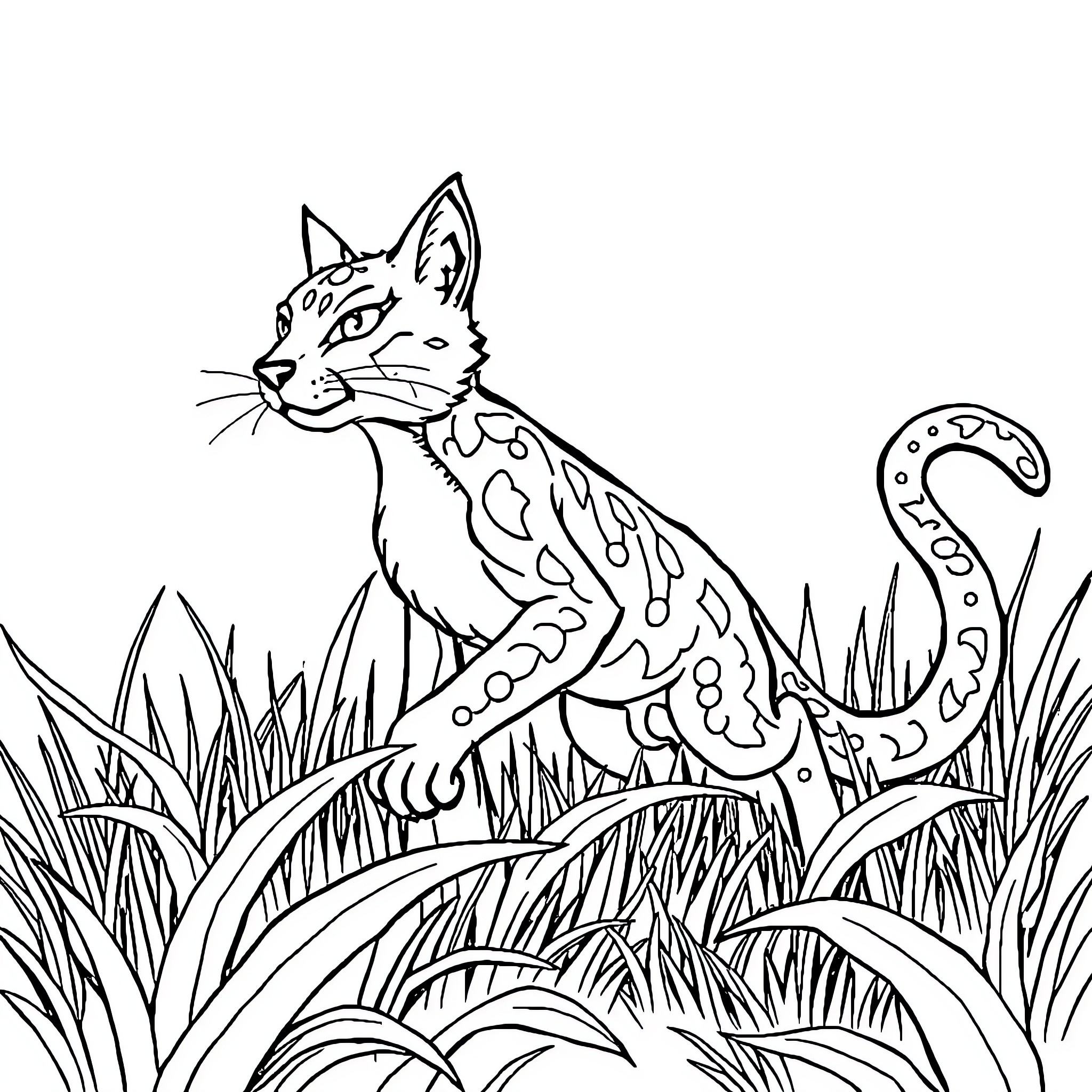 Zorro the Adventurous Feline in the Meadow Coloring Page (free black-and-white line drawing printable PDF for all, from beginners to advanced learners, including children, teens, adults, and seniors)