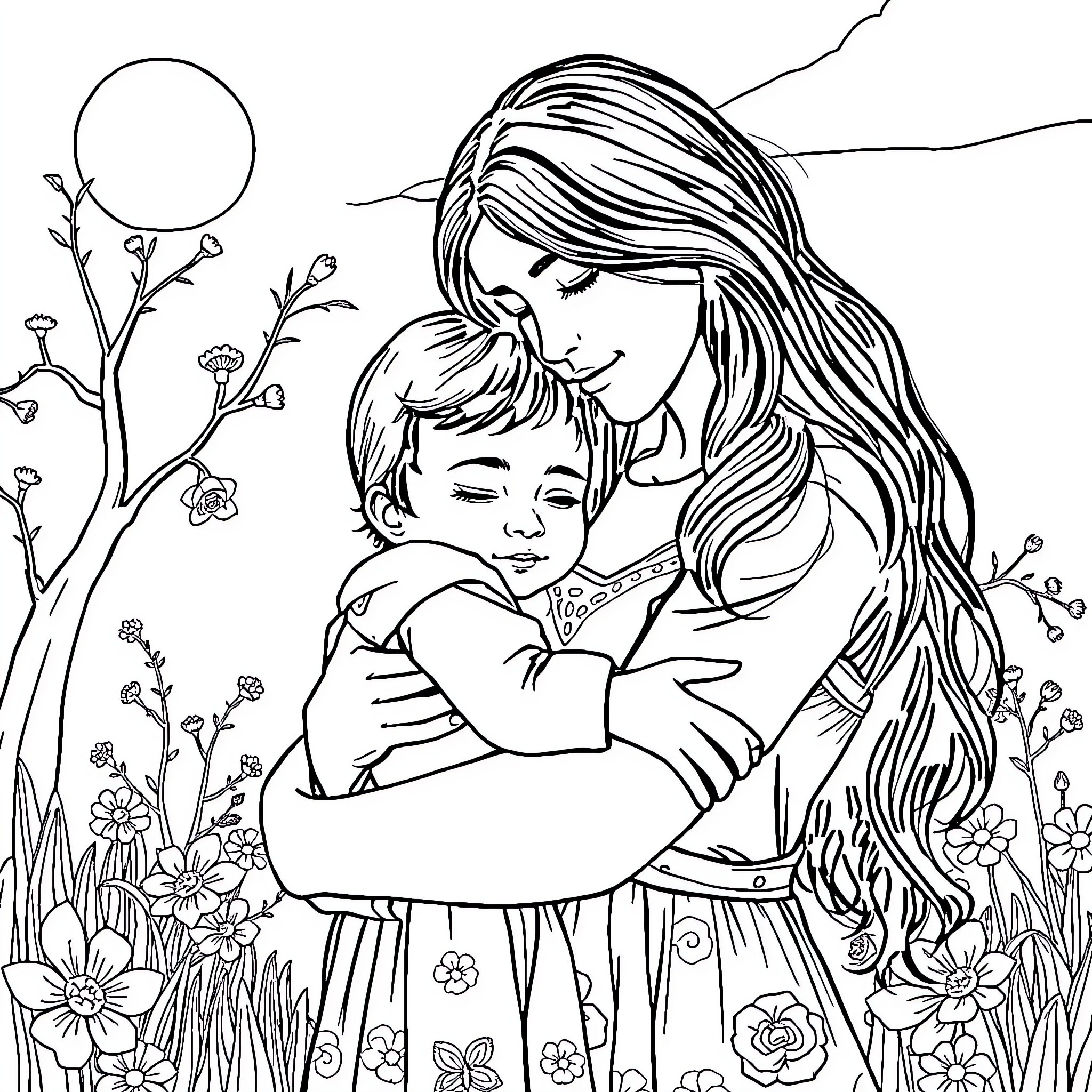 Mother embracing child lovingly in nature Coloring Page (free black-and-white line drawing printable PDF for all, from beginners to advanced learners, including children, teens, adults, and seniors)