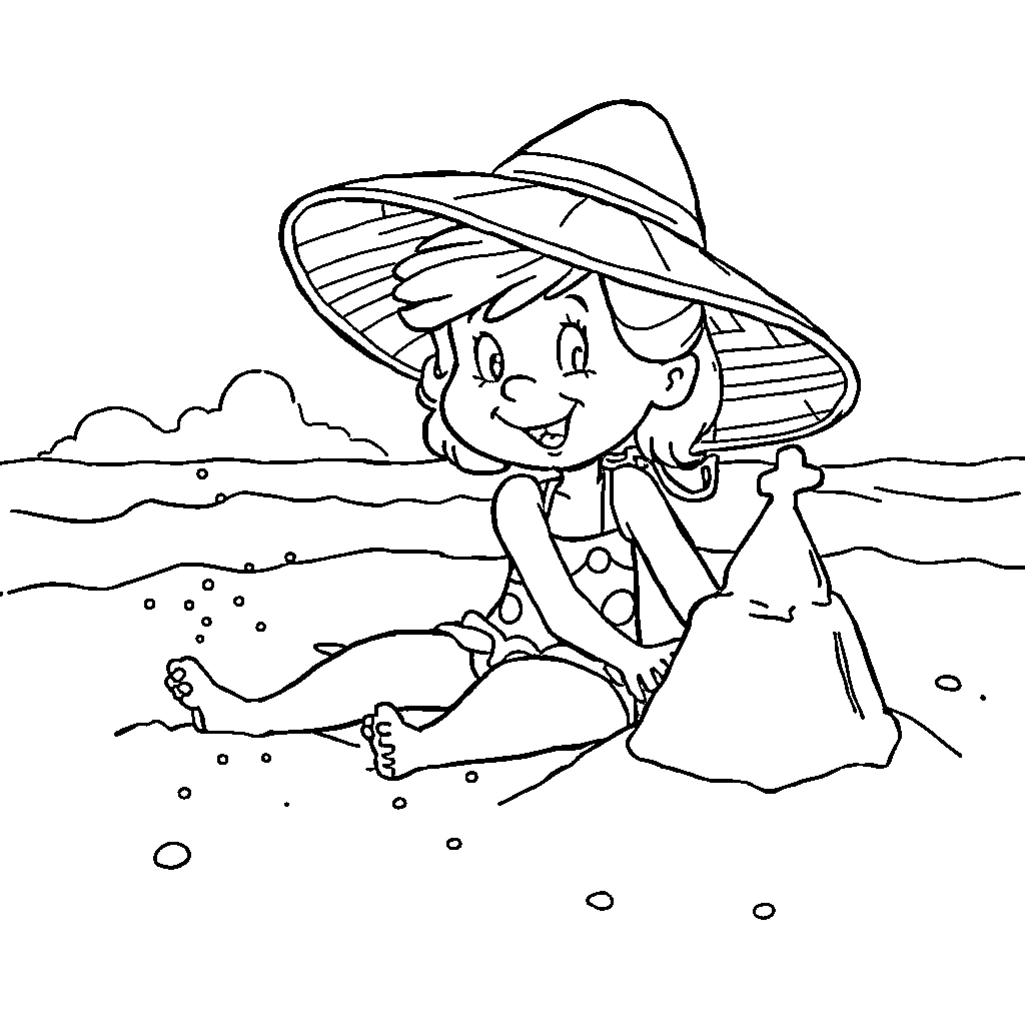 Junie B. Jones playing at the beach Coloring Page (free black-and-white line drawing printable PDF for all, from beginners to advanced learners, including children, teens, adults, and seniors)