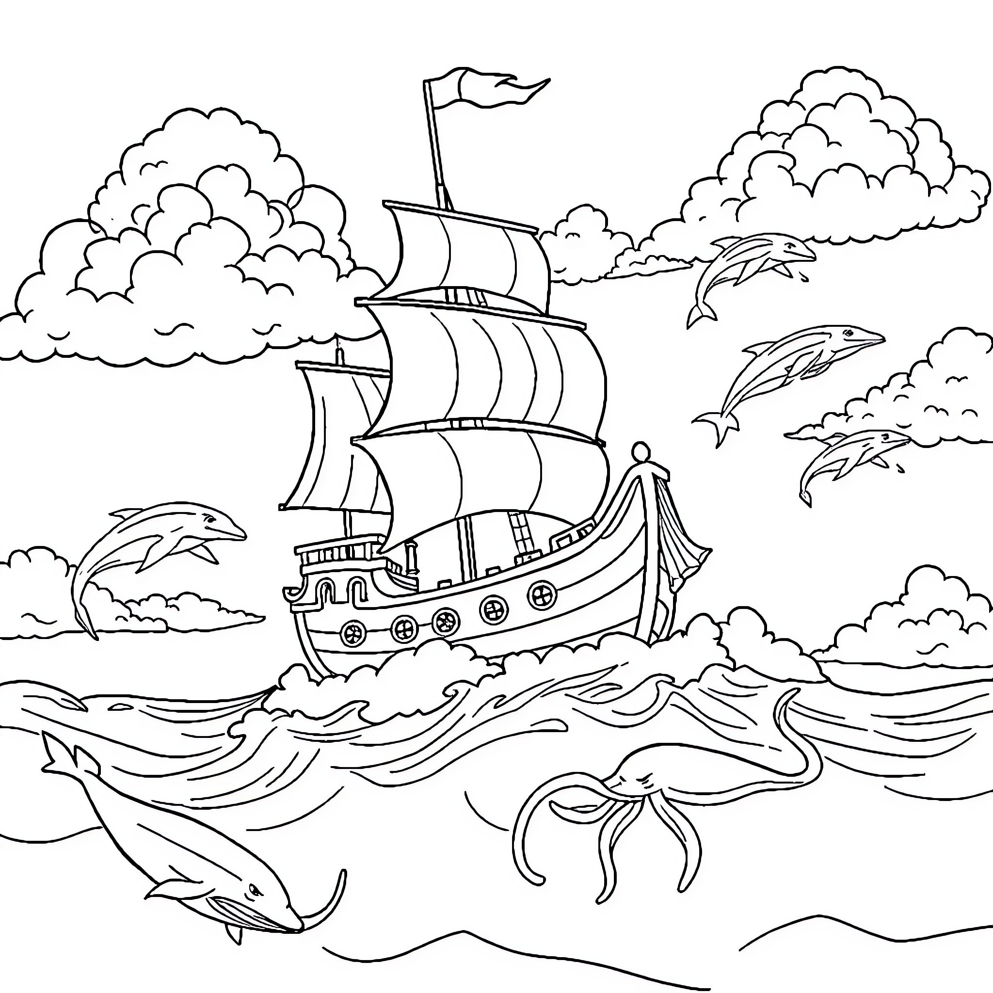 Pirate Ship Sailing on the Stormy Seas Coloring Page (free black-and-white line drawing printable PDF for all, from beginners to advanced learners, including children, teens, adults, and seniors)