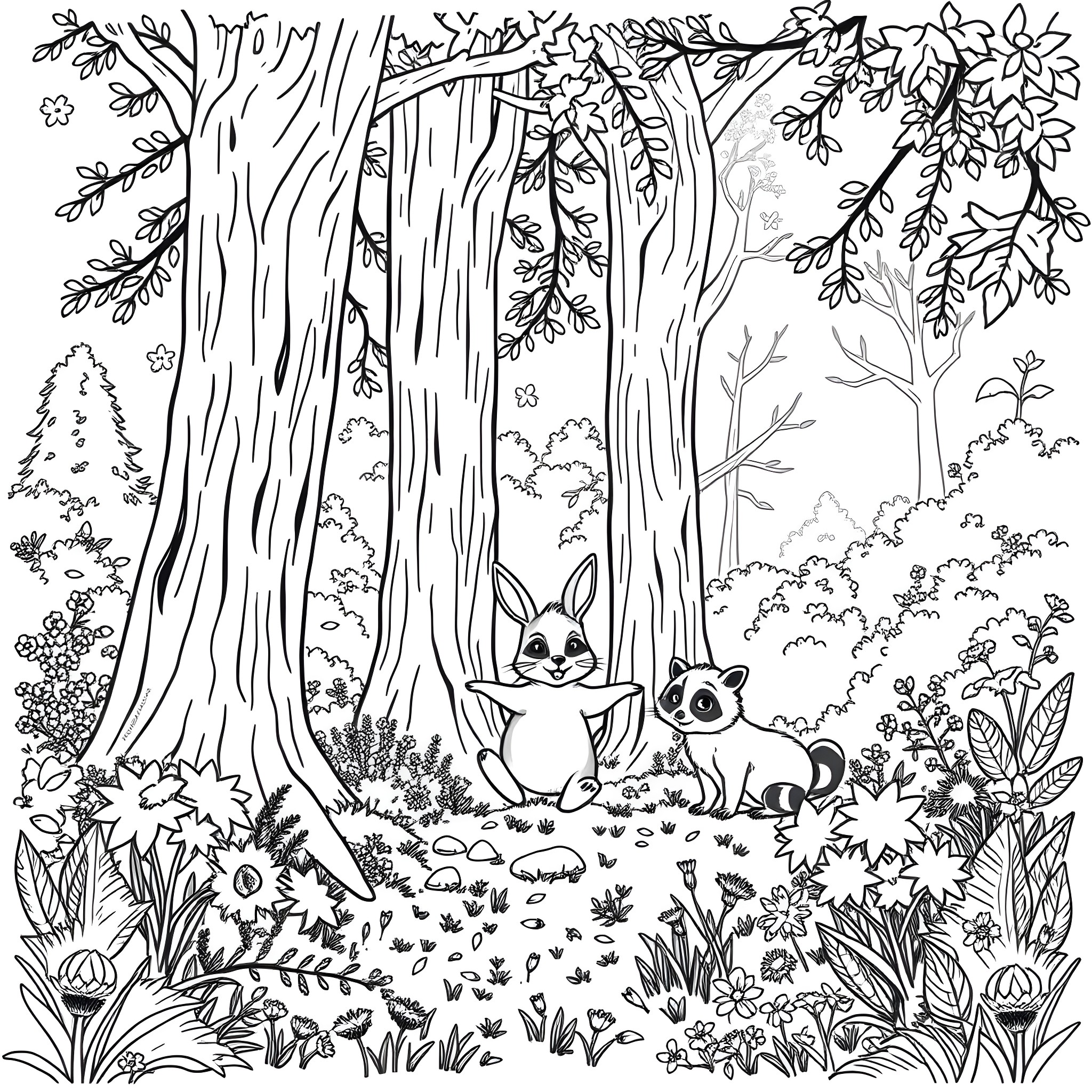 Bunny friends in the enchanted forest Coloring Page (free black-and-white line drawing printable PDF for all, from beginners to advanced learners, including children, teens, adults, and seniors)