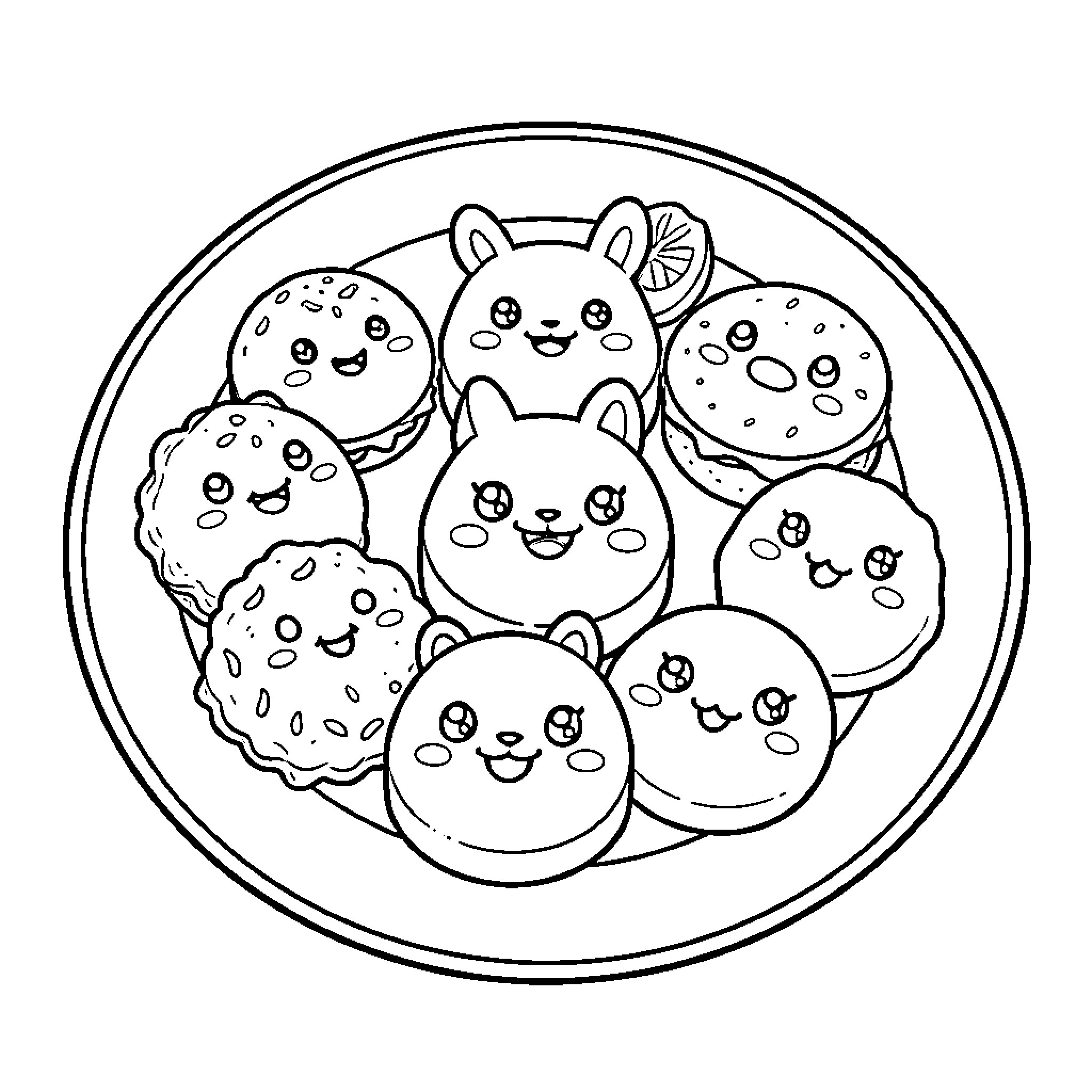 Food characters with cute happy facial expressions on a plate Coloring Page (free black-and-white line drawing printable PDF for all, from beginners to advanced learners, including children, teens, adults, and seniors)