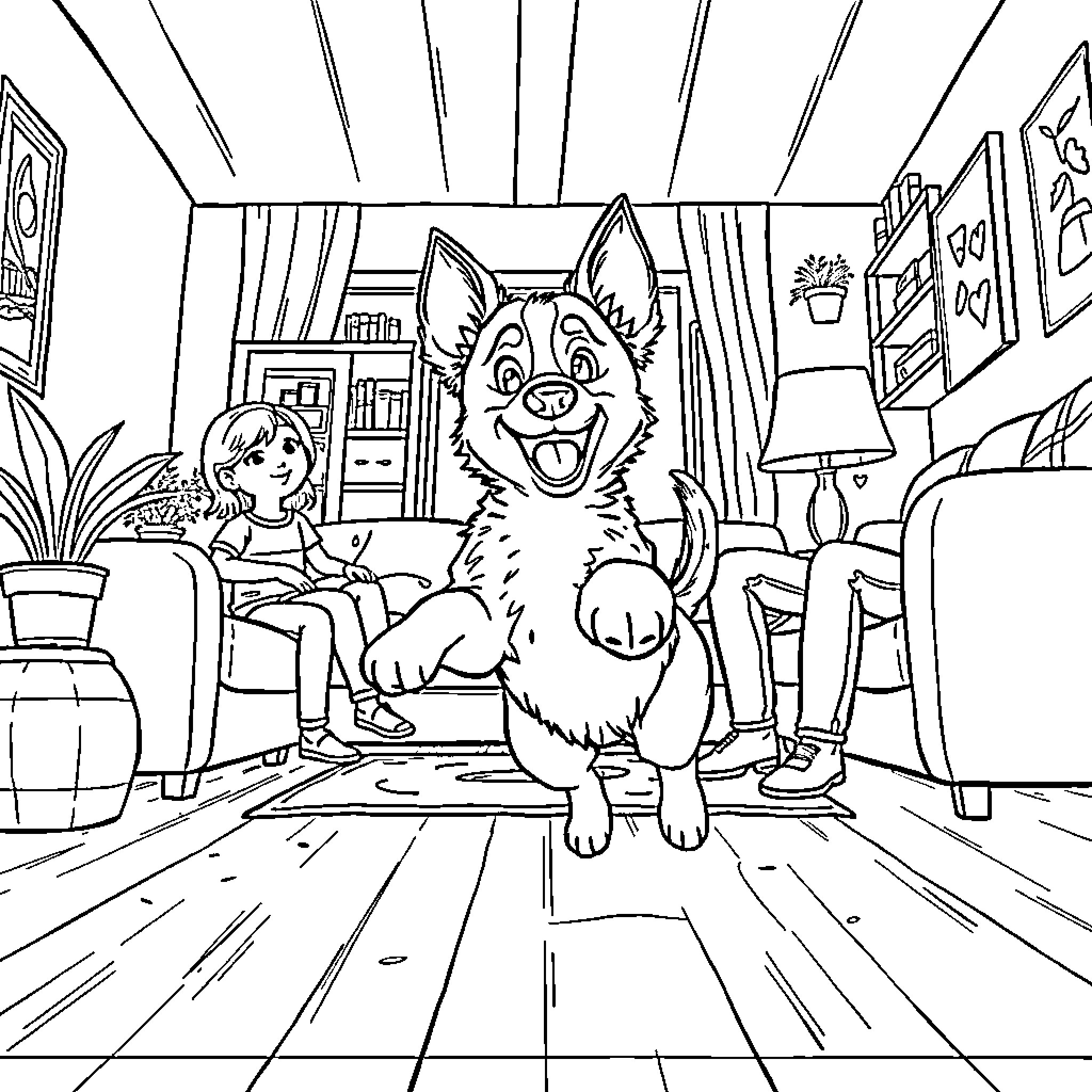 Bluey and her family enjoying time at home Coloring Page (free black-and-white line drawing printable PDF for all, from beginners to advanced learners, including children, teens, adults, and seniors)