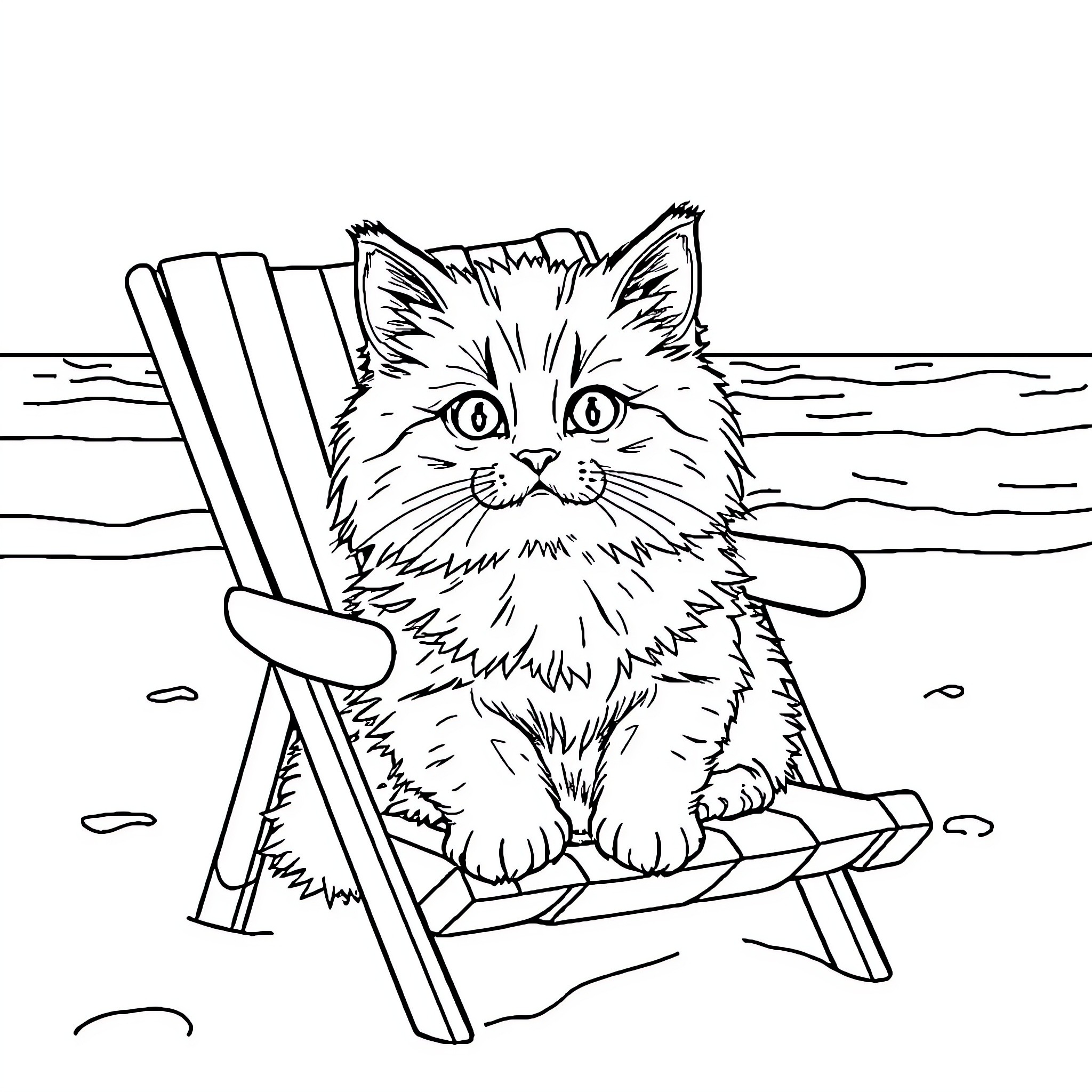 Cat relaxing on beach chair Coloring Page (free black-and-white line drawing printable PDF for all, from beginners to advanced learners, including children, teens, adults, and seniors)