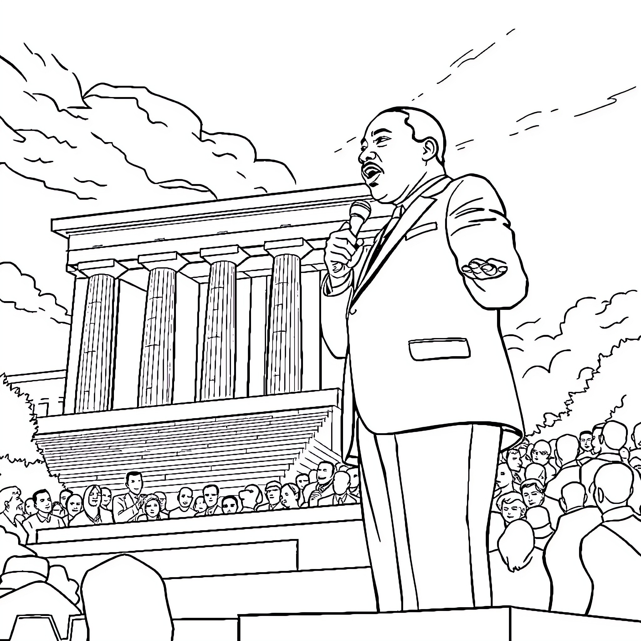 Martin Luther King Jr. Delivering an Inspiring Speech to a Crowd Coloring Page (free black-and-white line drawing printable PDF for all, from beginners to advanced learners, including children, teens, adults, and seniors)